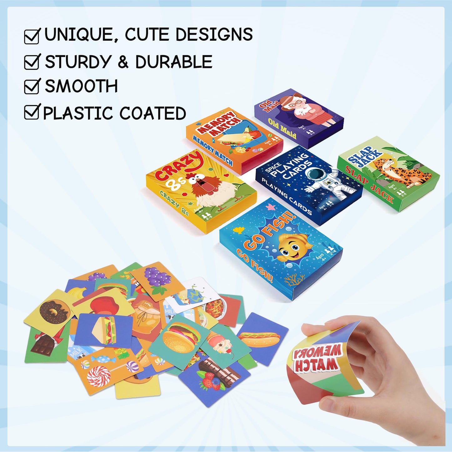 Timenued Card Game Set – 6 Decks for Go Fish, Old Maid, Memory Match, Slap Jack, Crazy 8s & Space Cards