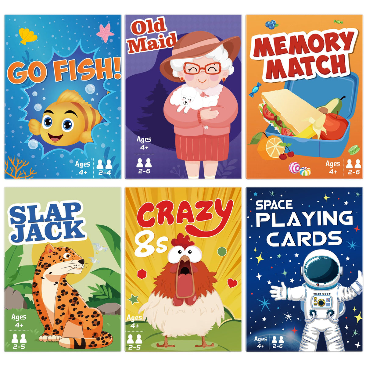 Timenued Card Game Set – 6 Decks for Go Fish, Old Maid, Memory Match, Slap Jack, Crazy 8s & Space Cards