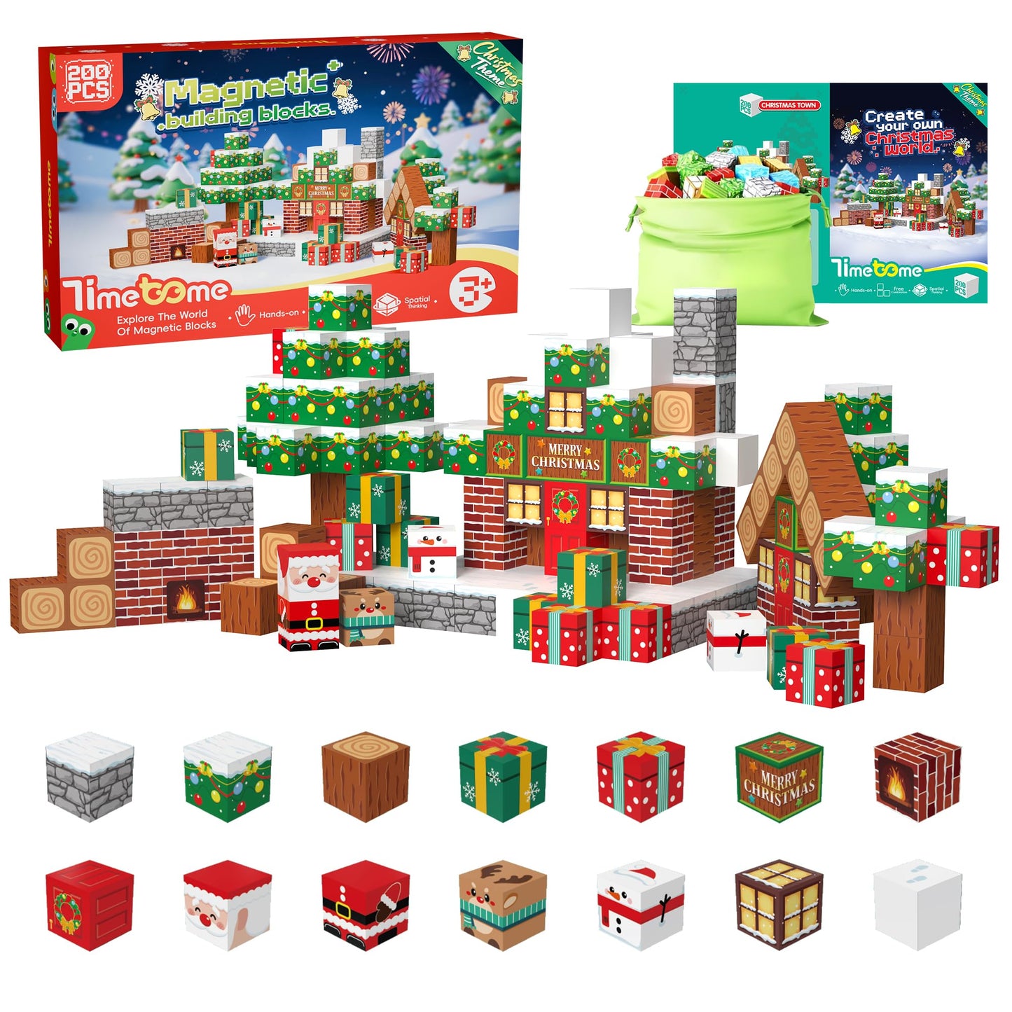 Timetome Magnetic Blocks 200-Piece Christmas STEM Toy for Kids 3-10 | Montessori Sensory Building Cubes