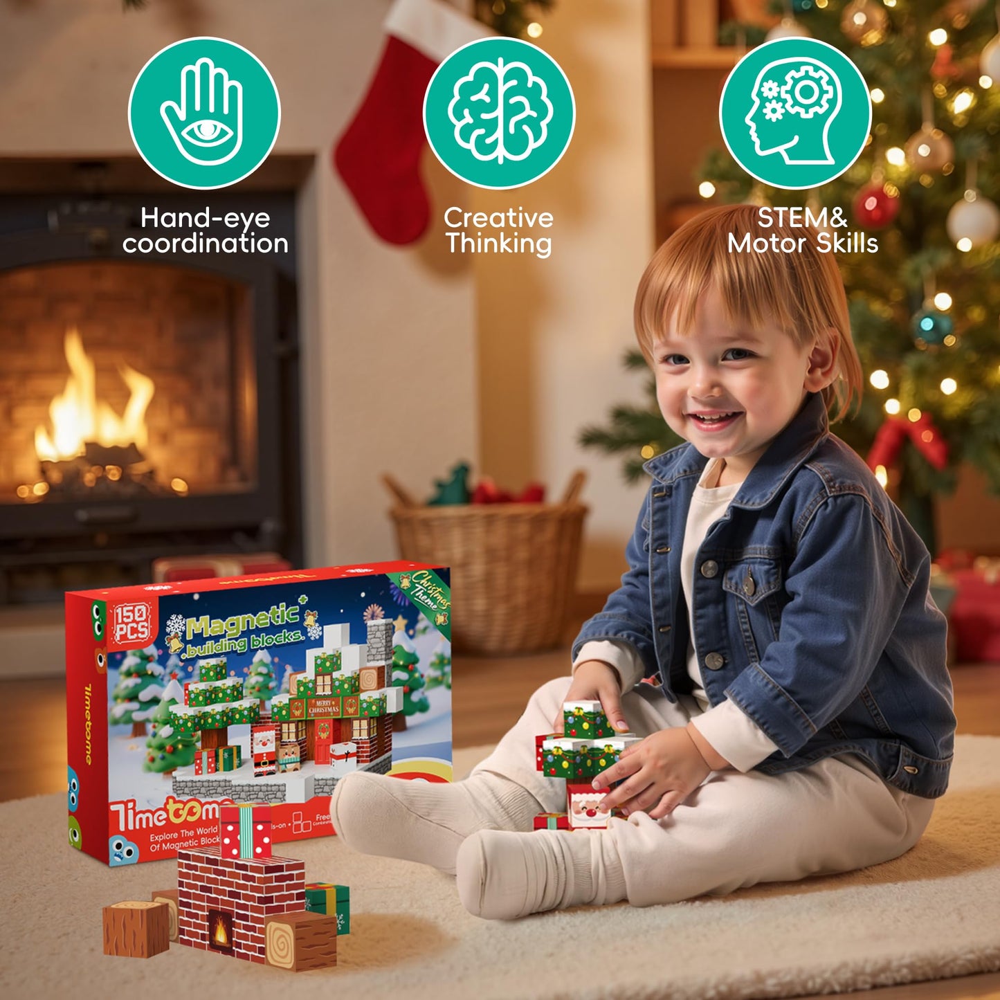 Timetome Magnetic Blocks – 150-Piece Christmas STEM Building Set for Kids Aged 3-10