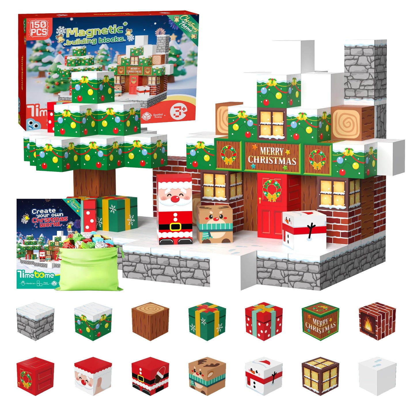 Timetome Magnetic Blocks – 150-Piece Christmas STEM Building Set for Kids Aged 3-10