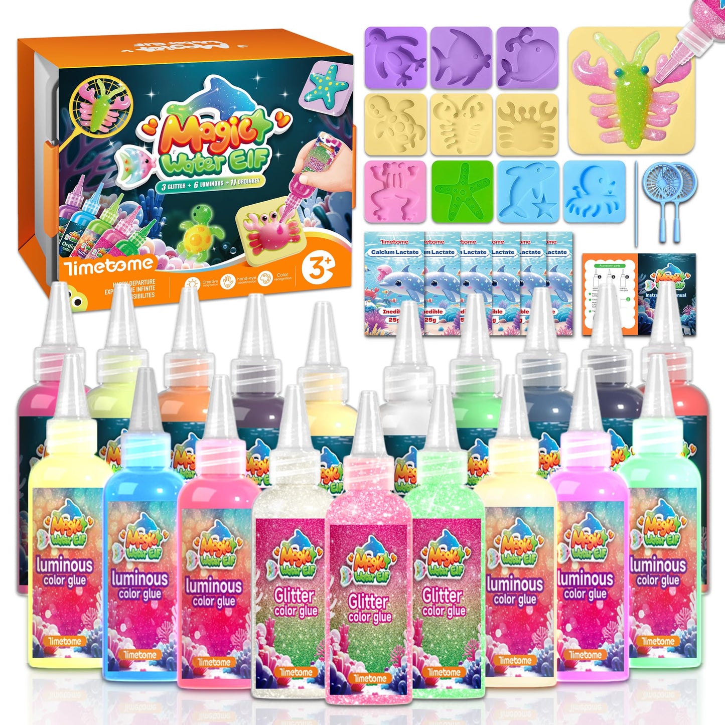 Timetome Magic Water Elf Kit – 20 Gels, 10 Molds, Glow & Glitter, DIY Squishy Toy 3+