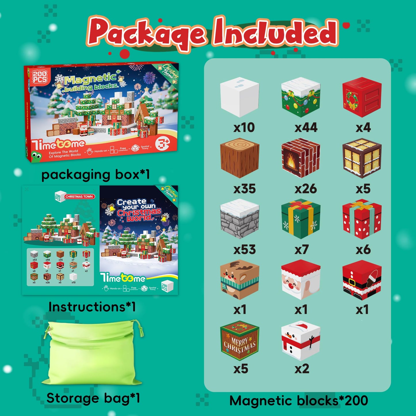 Timetome Magnetic Blocks 200-Piece Christmas STEM Toy for Kids 3-10 | Montessori Sensory Building Cubes