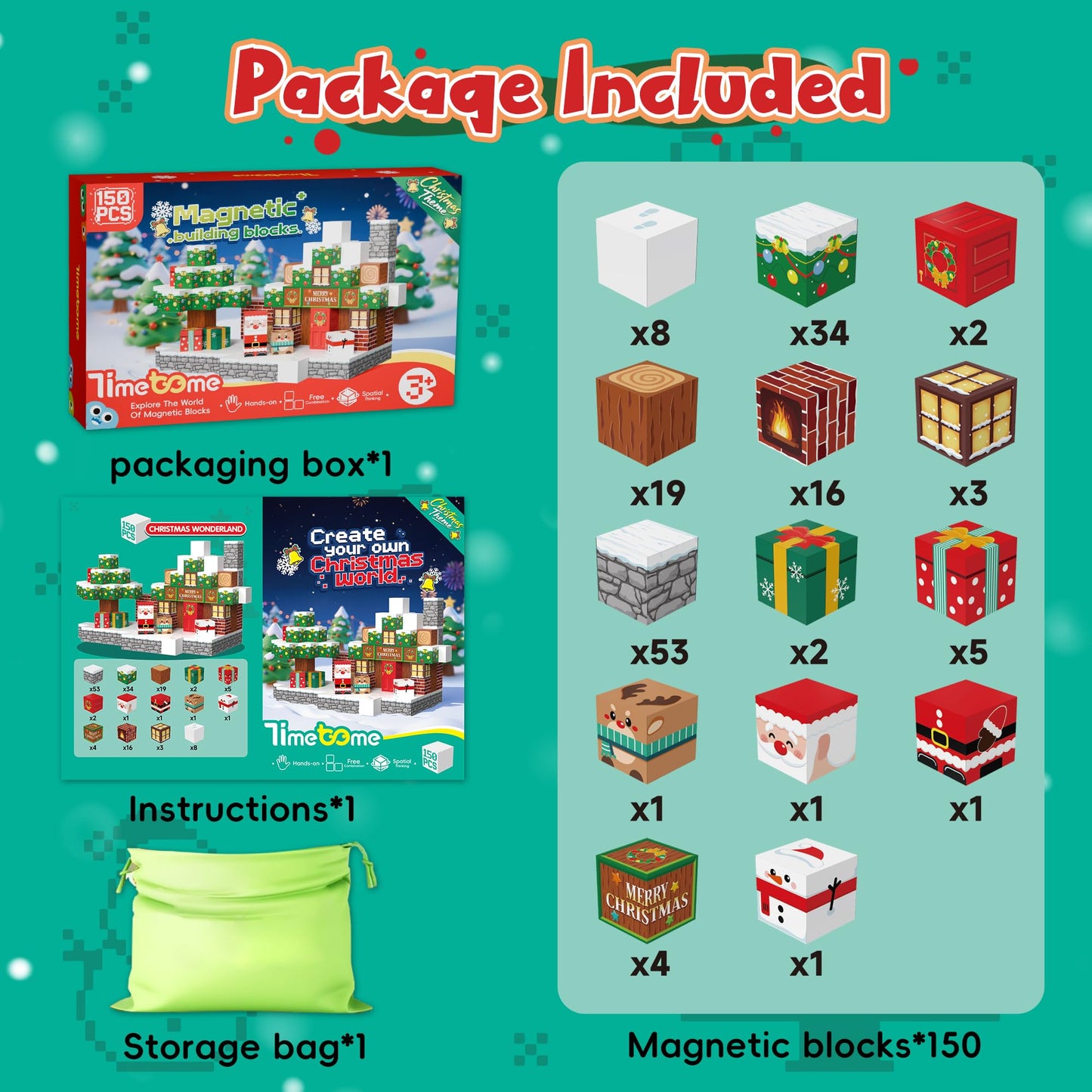 Timetome Magnetic Blocks – 150-Piece Christmas STEM Building Set for Kids Aged 3-10