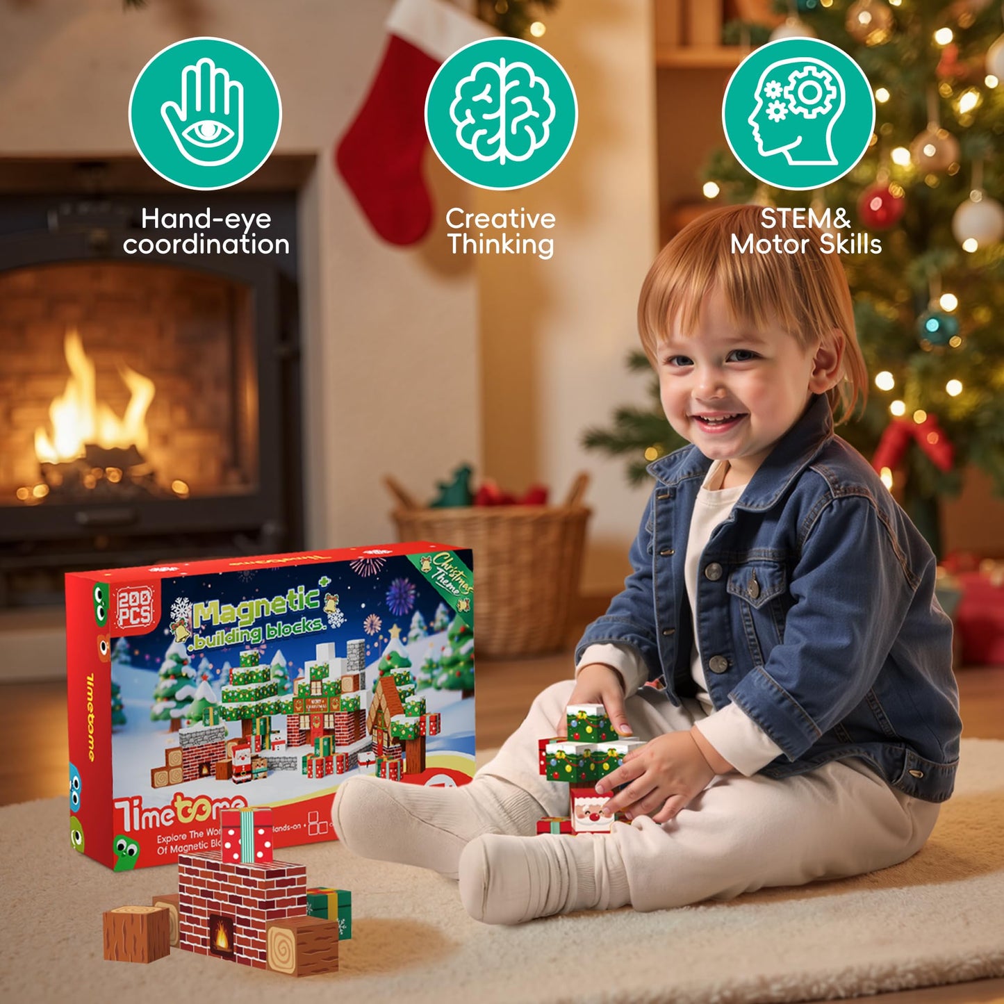 Timetome Magnetic Blocks 200-Piece Christmas STEM Toy for Kids 3-10 | Montessori Sensory Building Cubes