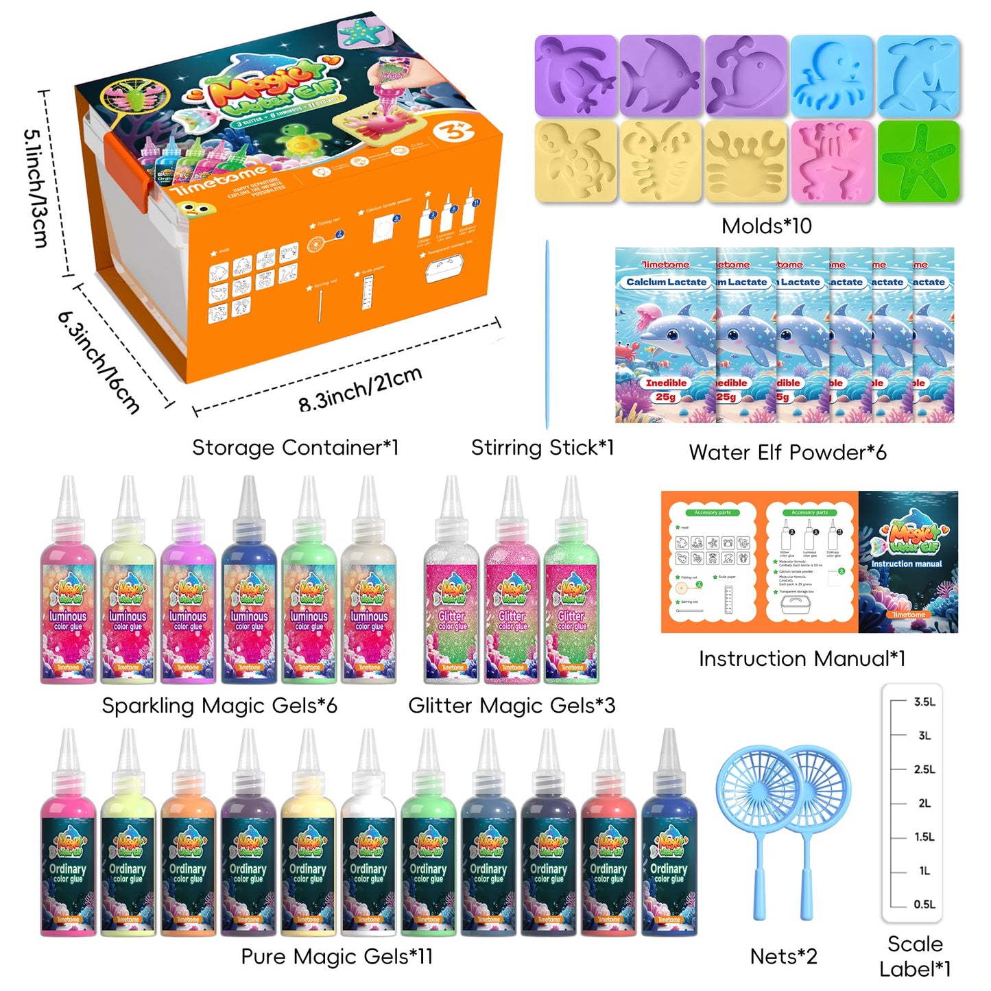 Timetome Magic Water Elf Kit – 20 Gels, 10 Molds, Glow & Glitter, DIY Squishy Toy 3+