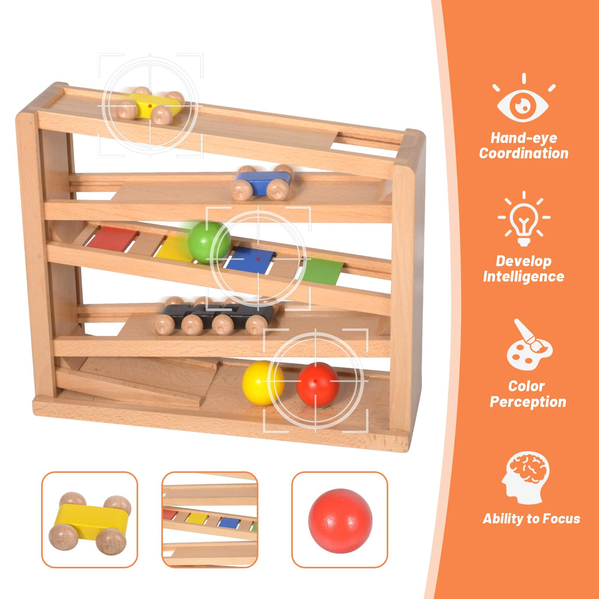 Timfuis Wooden Car Ramp Racer – Montessori Toddler Race Track with 3 Cars and 2 Balls