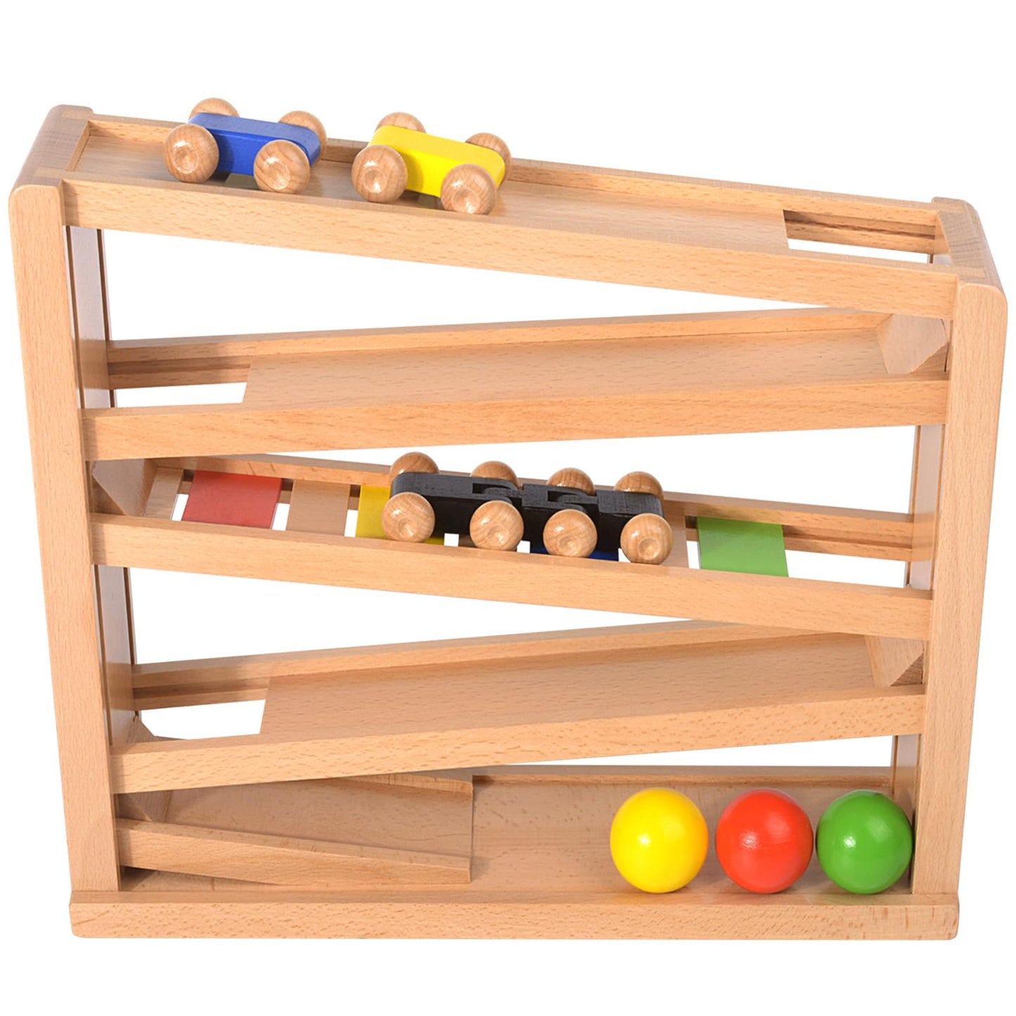 Timfuis Wooden Car Ramp Racer – Montessori Toddler Race Track with 3 Cars and 2 Balls
