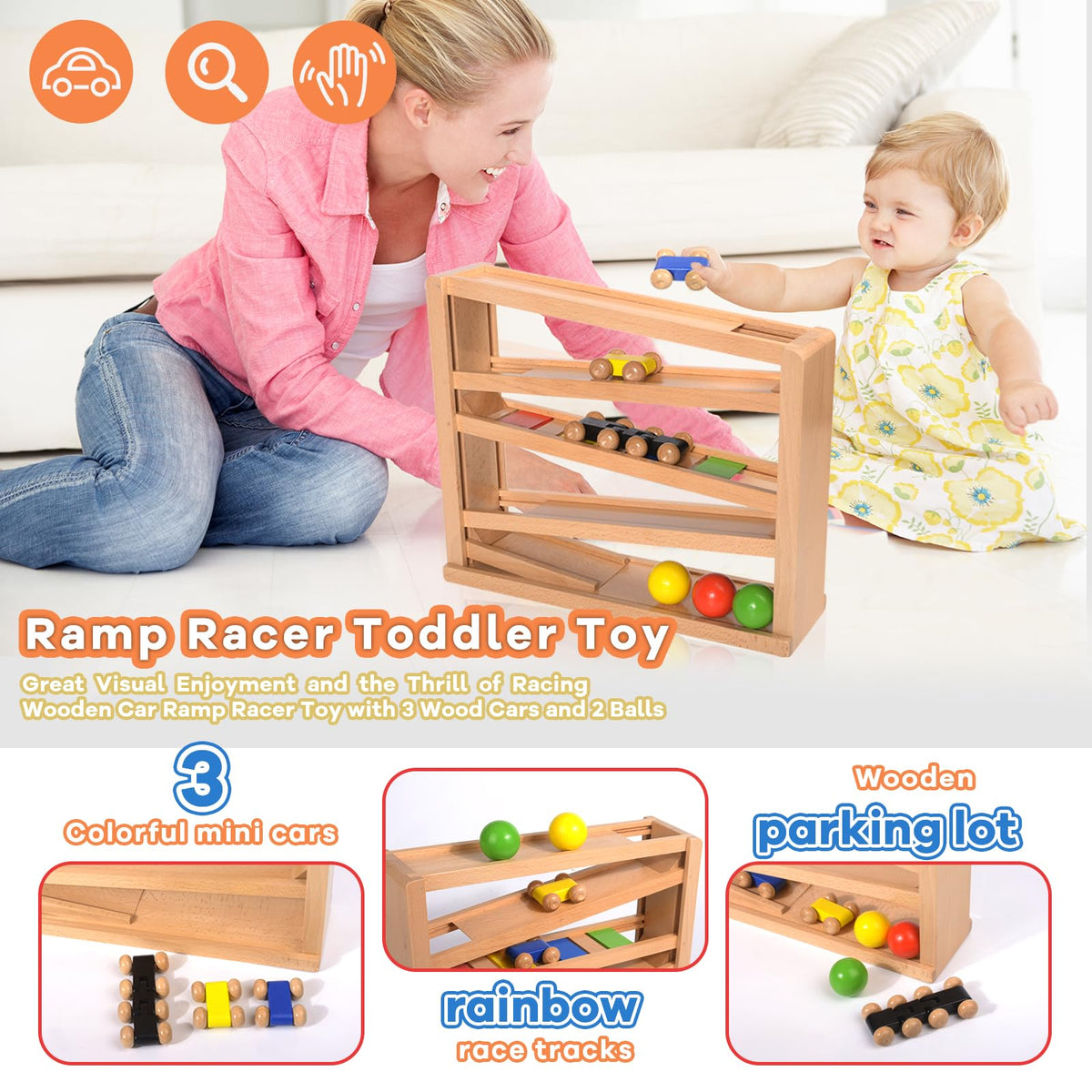 Timfuis Wooden Car Ramp Racer – Montessori Toddler Race Track with 3 Cars and 2 Balls