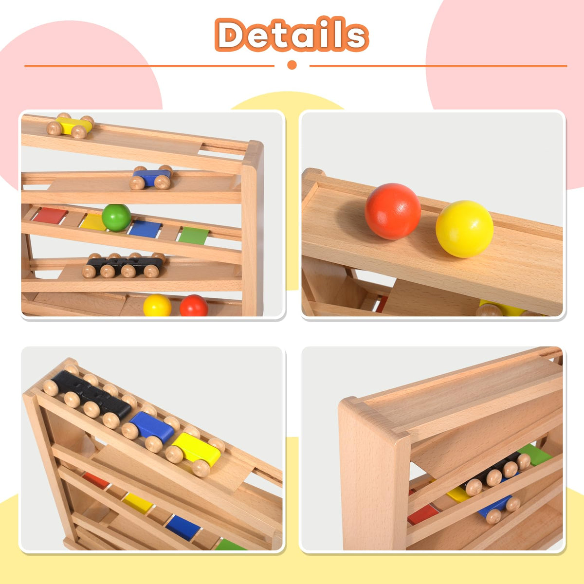Timfuis Wooden Car Ramp Racer – Montessori Toddler Race Track with 3 Cars and 2 Balls