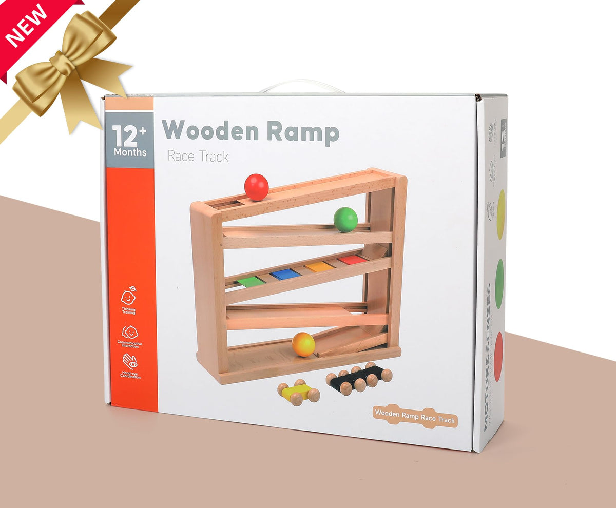 Timfuis Wooden Car Ramp Racer – Montessori Toddler Race Track with 3 Cars and 2 Balls