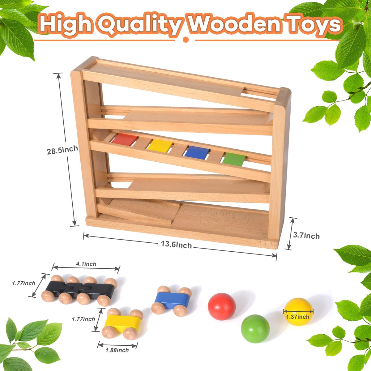Timfuis Wooden Car Ramp Racer – Montessori Toddler Race Track with 3 Cars and 2 Balls