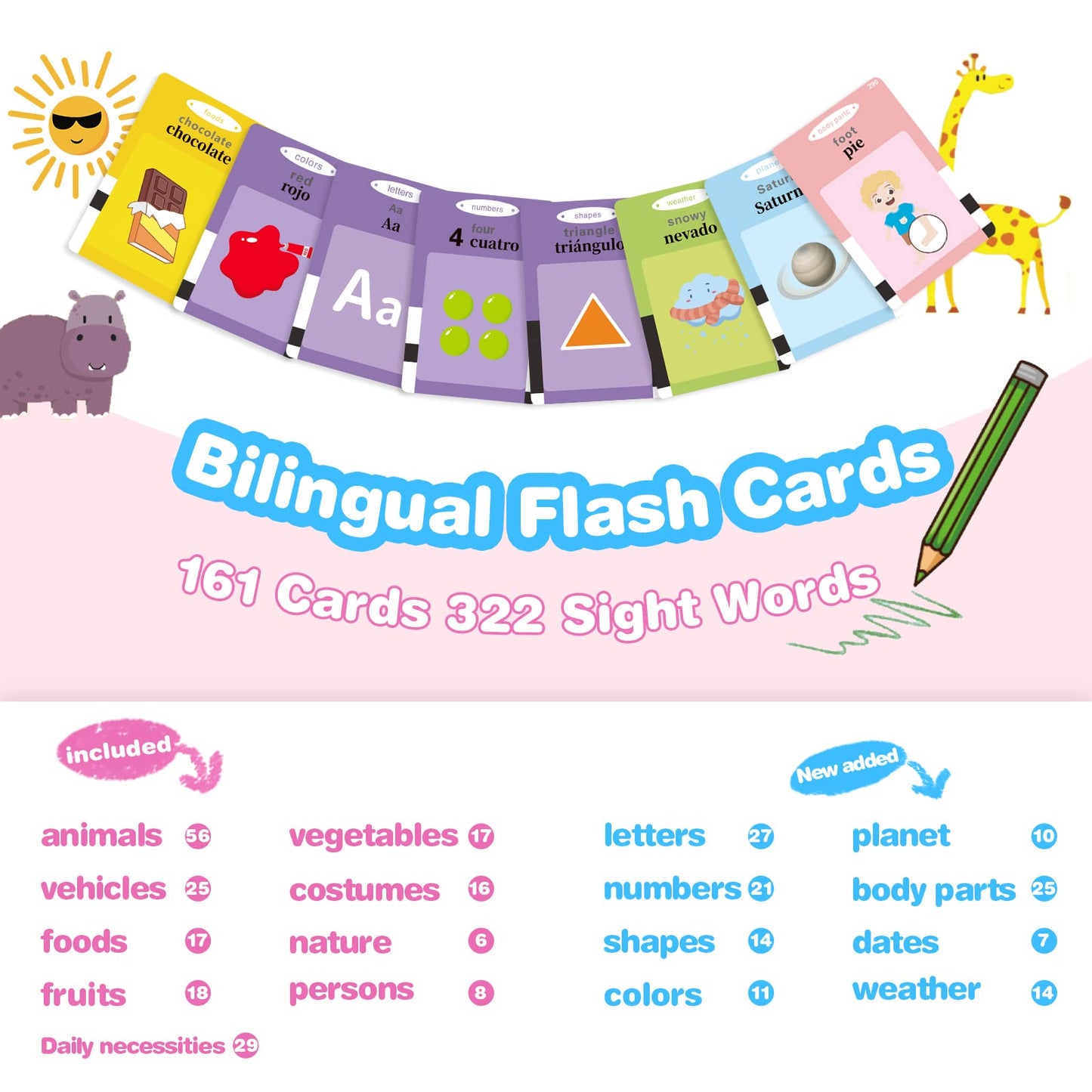 TimingSXD 161 Cards: Bilingual Spanish & English Flash Cards for Kids — ABC, Numbers, Colors, Shapes