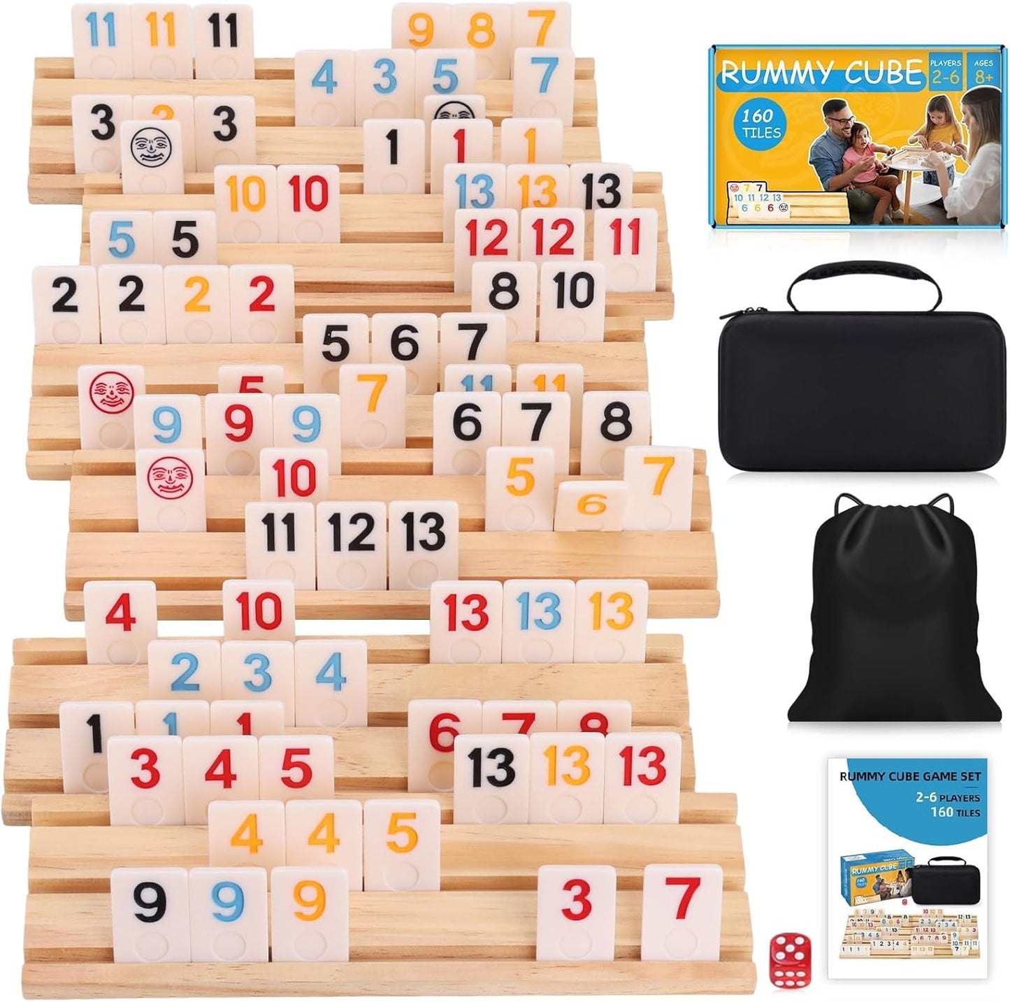 Timissu Rummy Cube 6-Player Edition – 160 Tiles, Wooden Racks, Travel Case