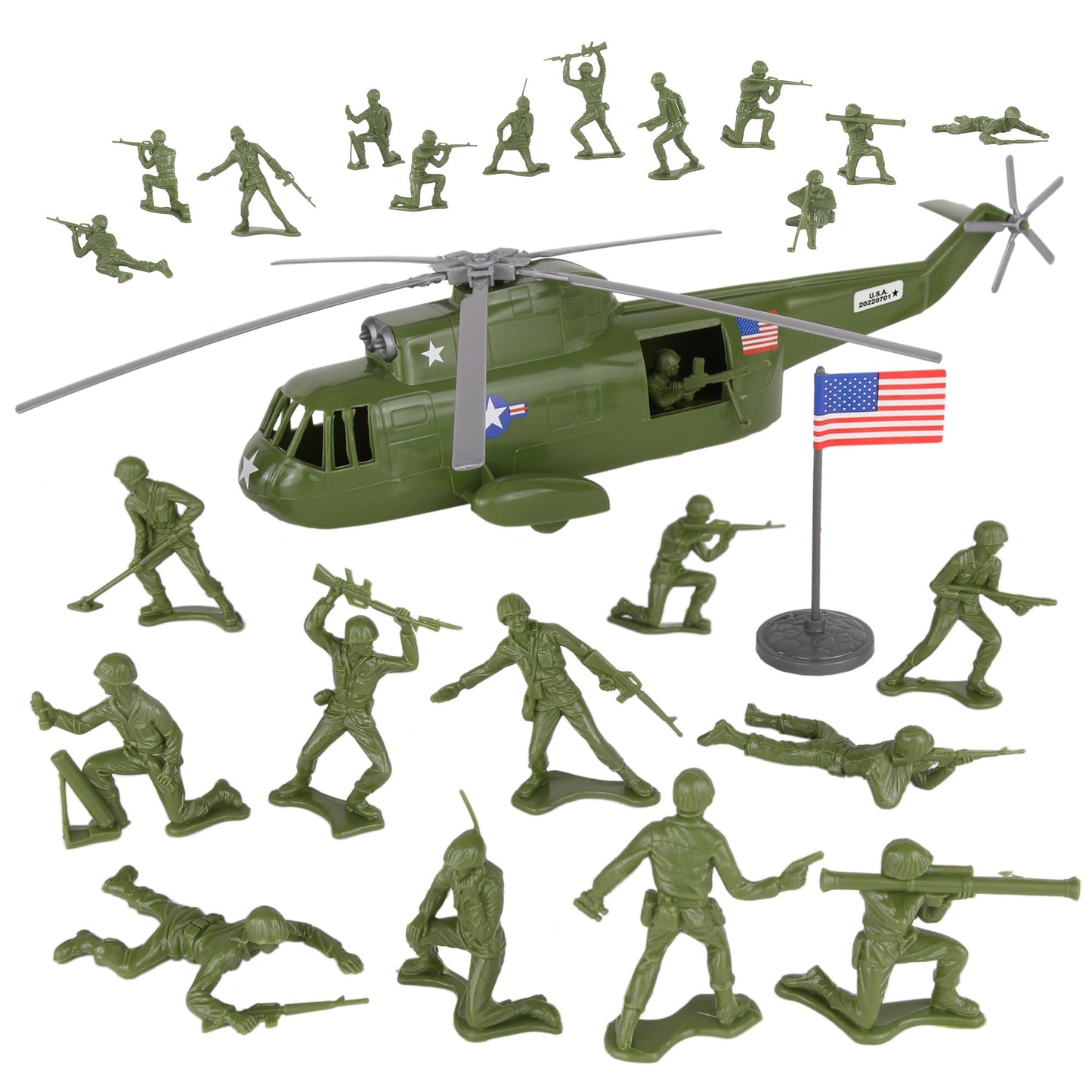 TimMee Plastic Army Men Helicopter Playset – OD Green, 26pc, Made in USA