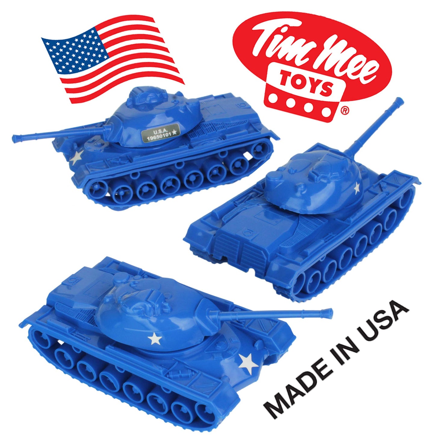 TimMee Toy Tanks for Plastic Army Men - Blue WW2 M48 Patton 3-Piece Set - Made in USA