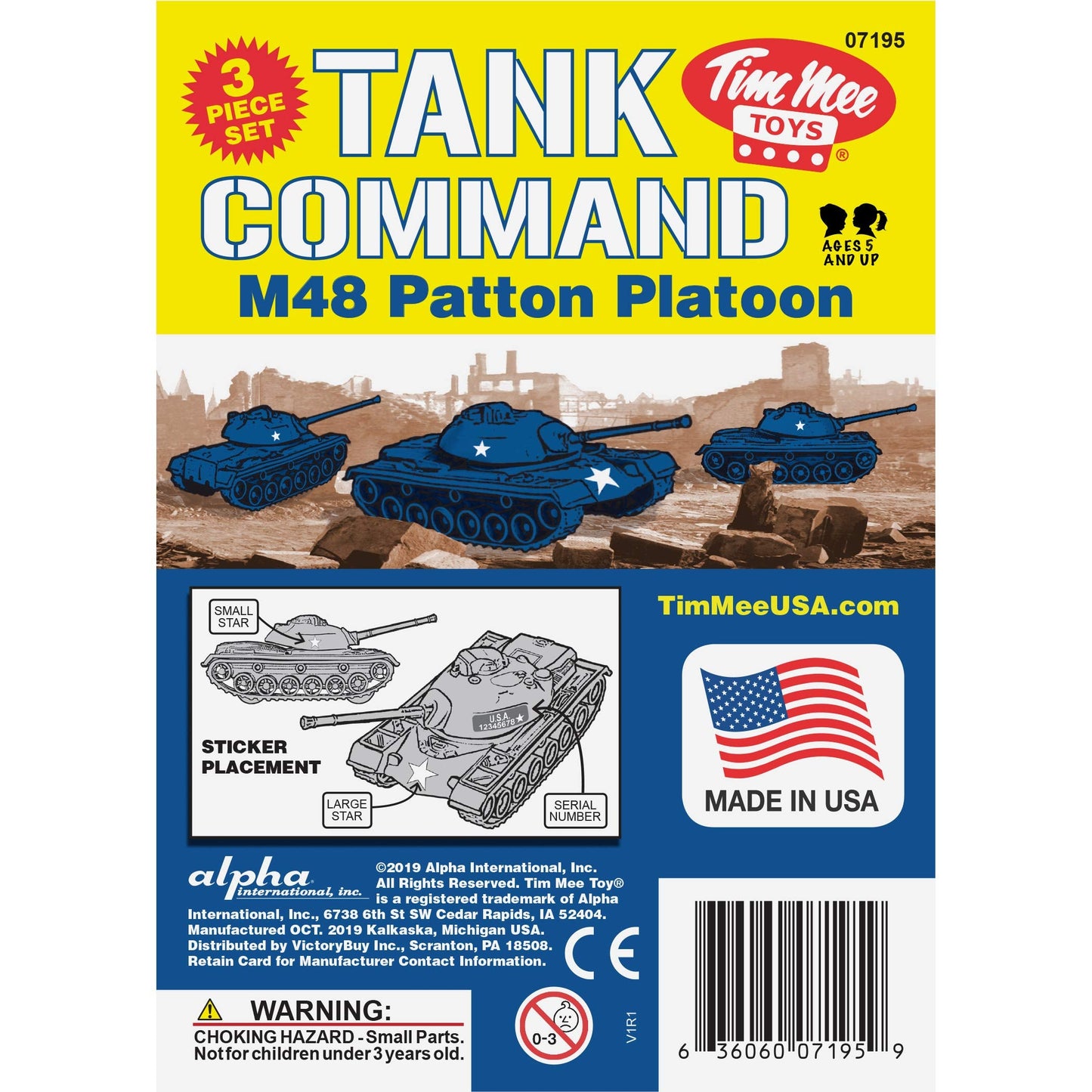 TimMee Toy Tanks for Plastic Army Men - Blue WW2 M48 Patton 3-Piece Set - Made in USA