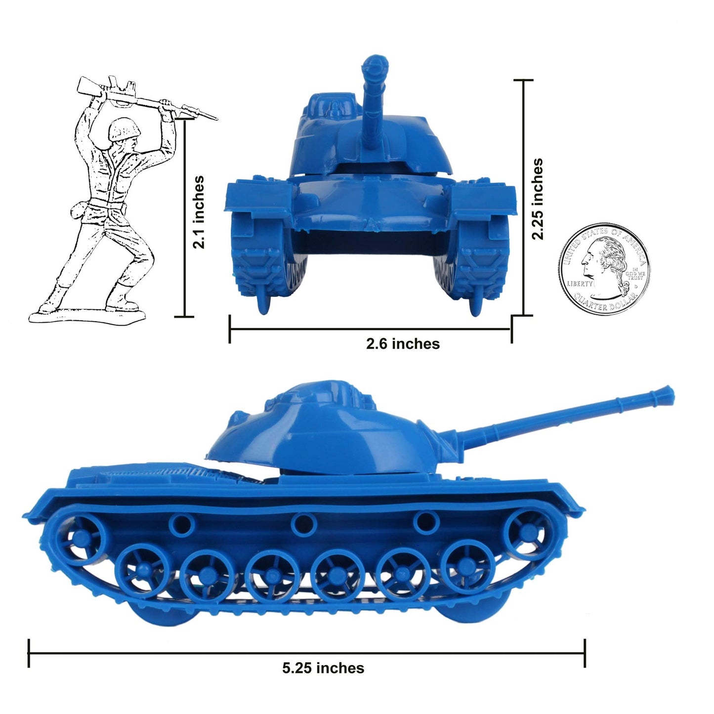 TimMee Toy Tanks for Plastic Army Men - Blue WW2 M48 Patton 3-Piece Set - Made in USA