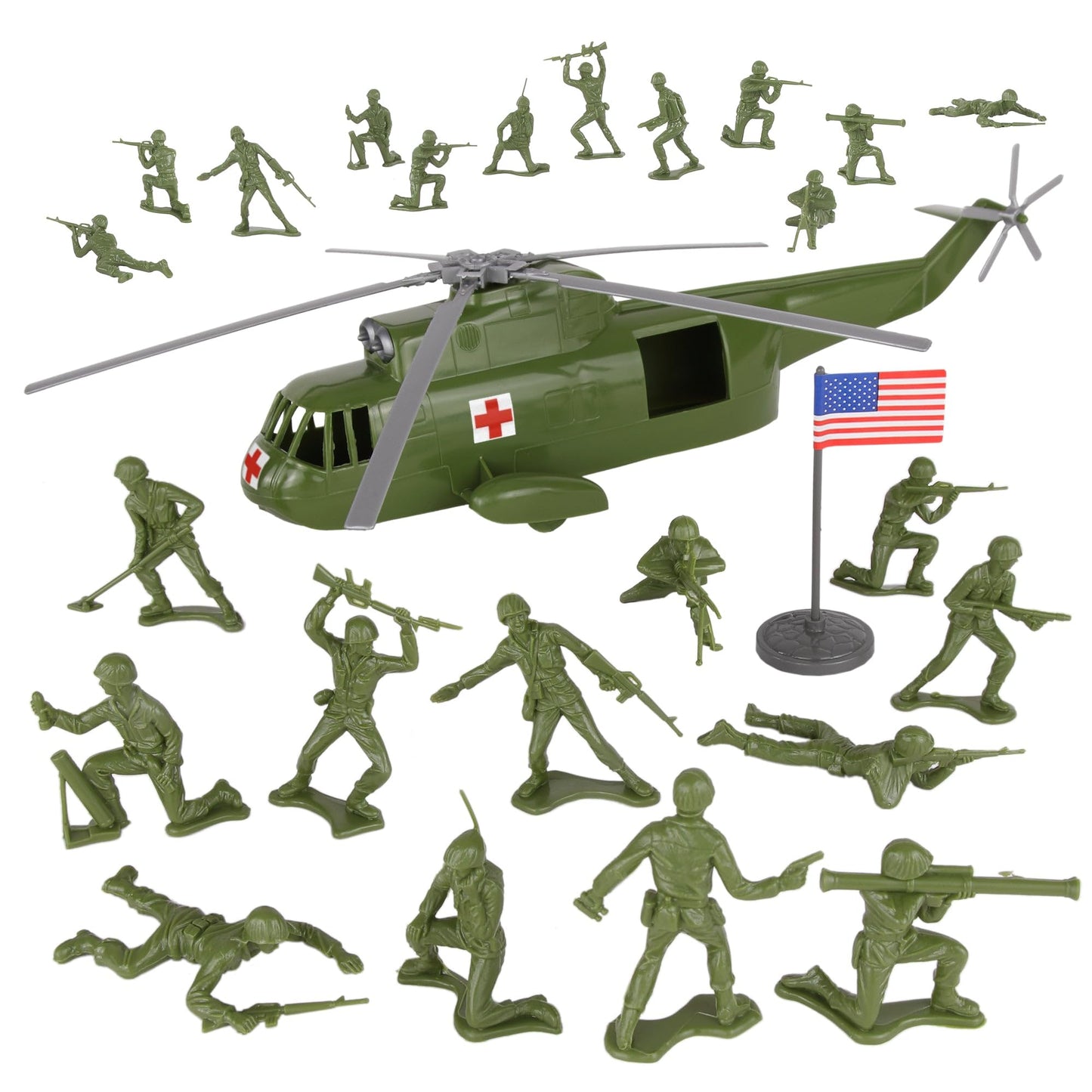 TimMee Plastic Army Men Helicopter Playset – OD Green, 26pc, Made in USA