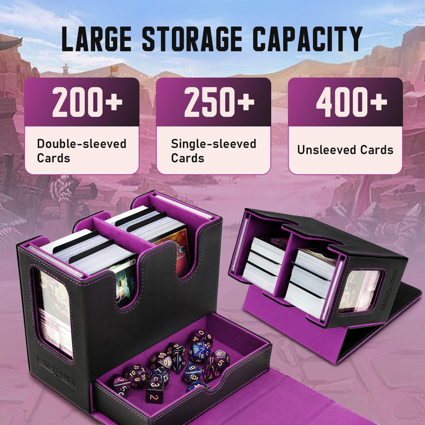 TiMOVO MTG Deck Box – Leather Magnetic Commander Display, 400+ Cards, Dice Tray, Black & Purple