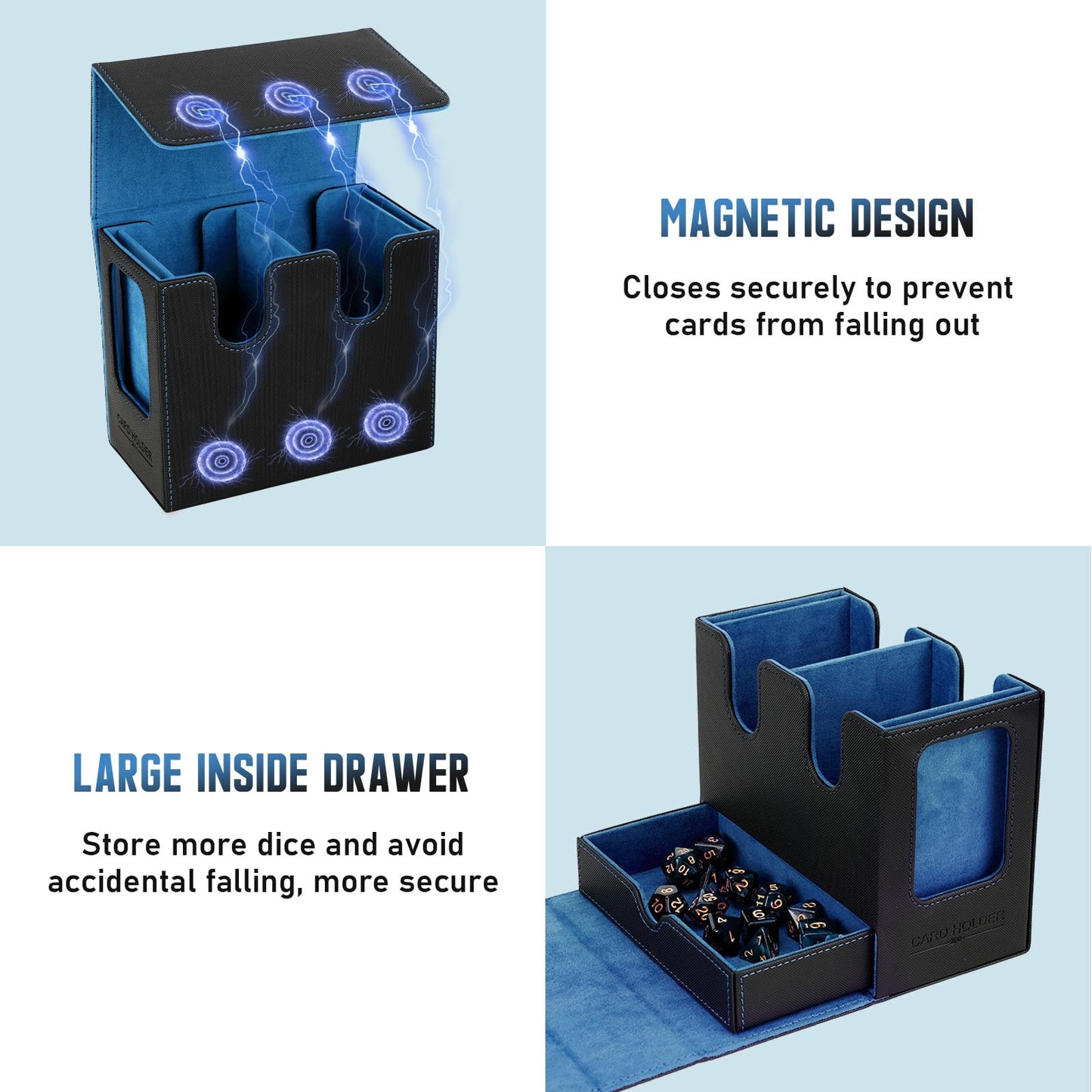 TiMOVO MTG Deck Box: 400+ Cards, Commander Display, Dice Tray, Leather Magnetic Case (Black/Blue)