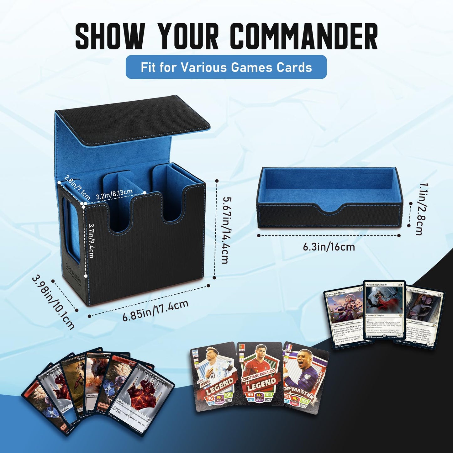 TiMOVO MTG Deck Box: 400+ Cards, Commander Display, Dice Tray, Leather Magnetic Case (Black/Blue)