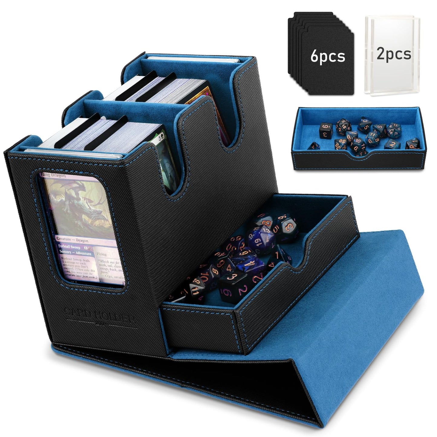 TiMOVO MTG Deck Box: 400+ Cards, Commander Display, Dice Tray, Leather Magnetic Case (Black/Blue)