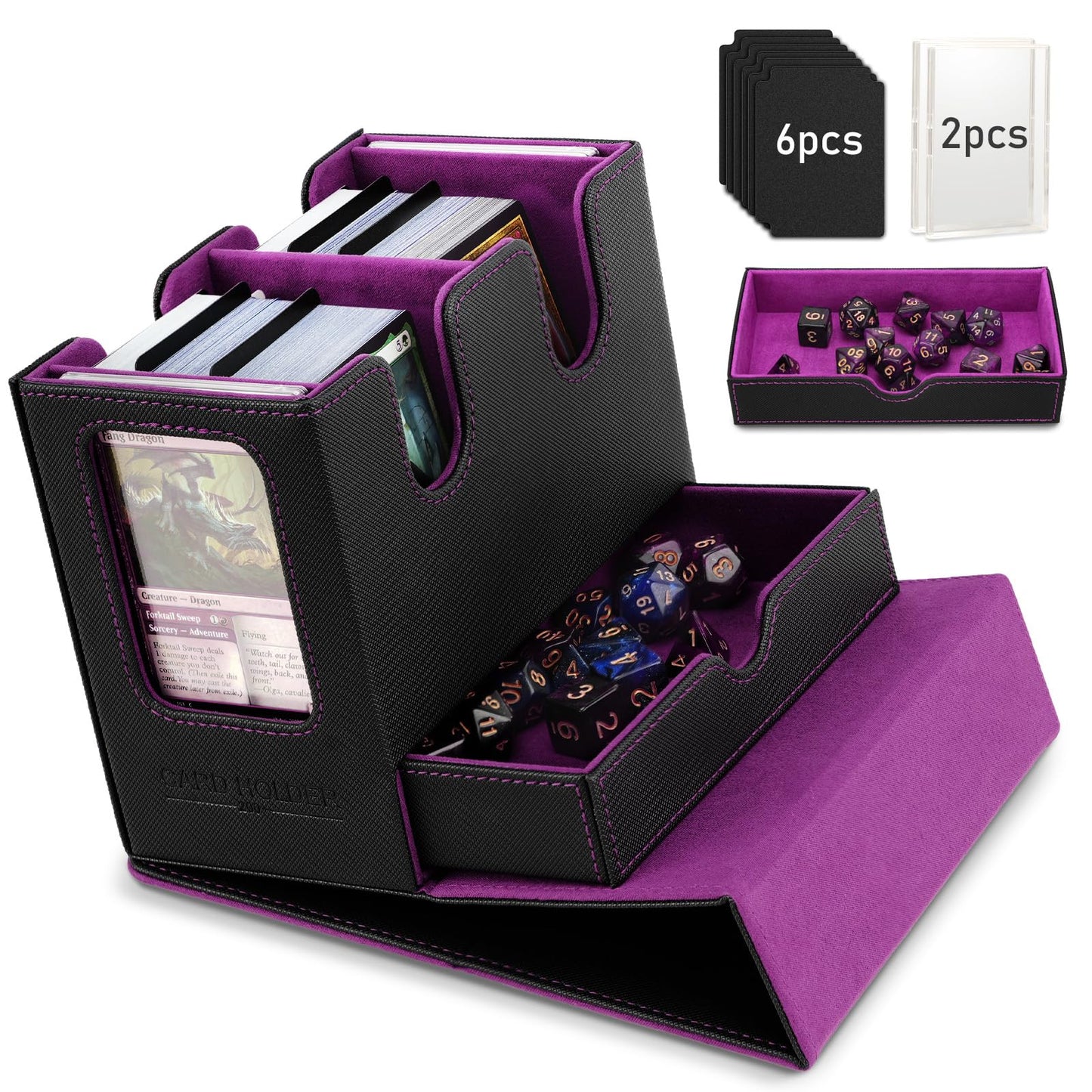 TiMOVO MTG Deck Box – Leather Magnetic Commander Display, 400+ Cards, Dice Tray, Black & Purple