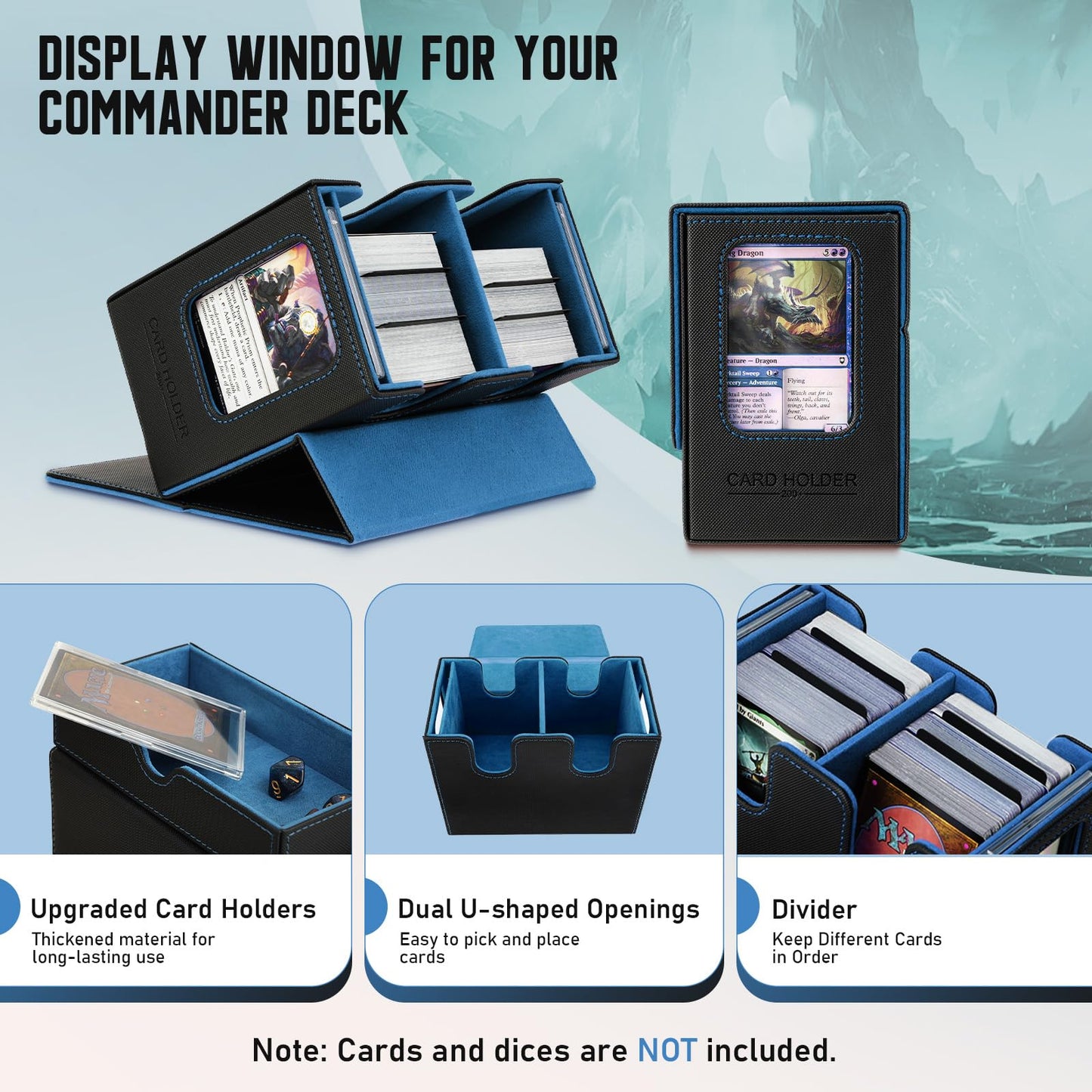 TiMOVO MTG Deck Box: 400+ Cards, Commander Display, Dice Tray, Leather Magnetic Case (Black/Blue)