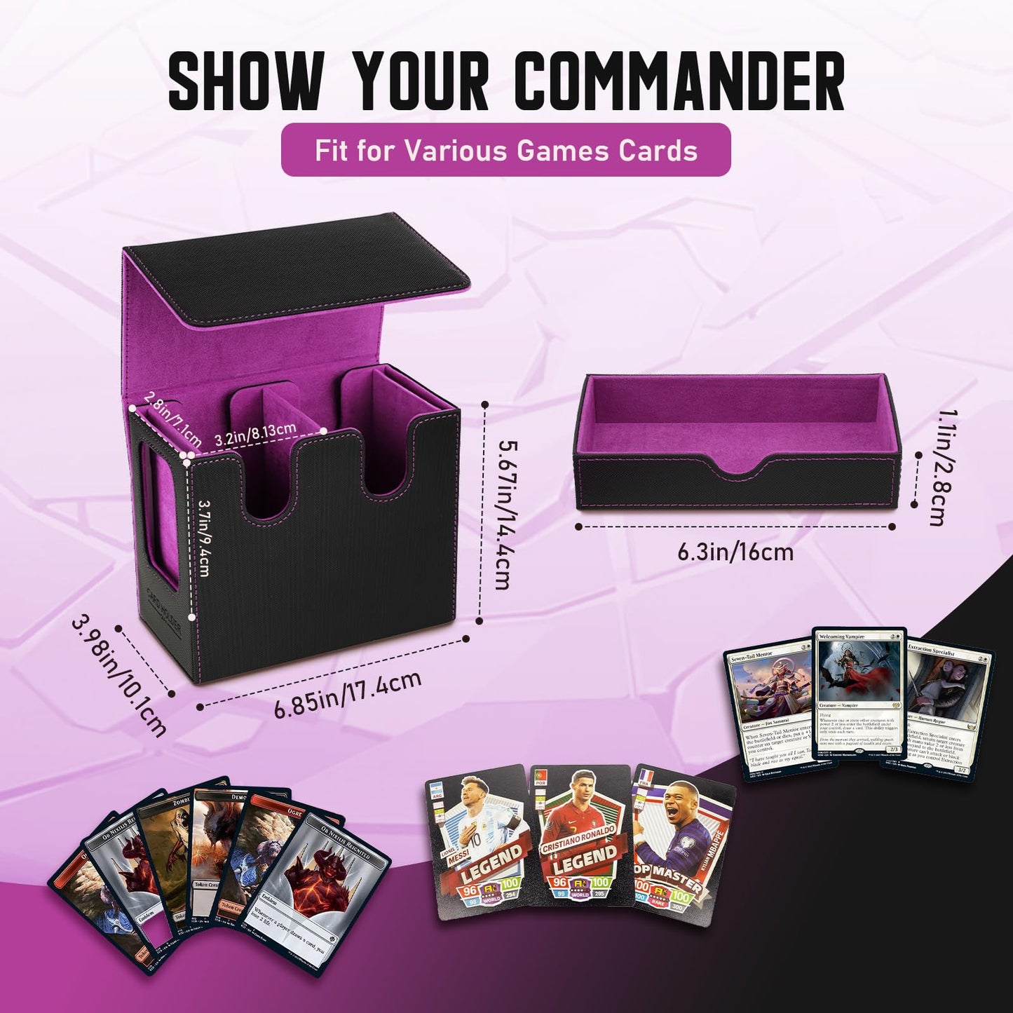 TiMOVO MTG Deck Box – Leather Magnetic Commander Display, 400+ Cards, Dice Tray, Black & Purple