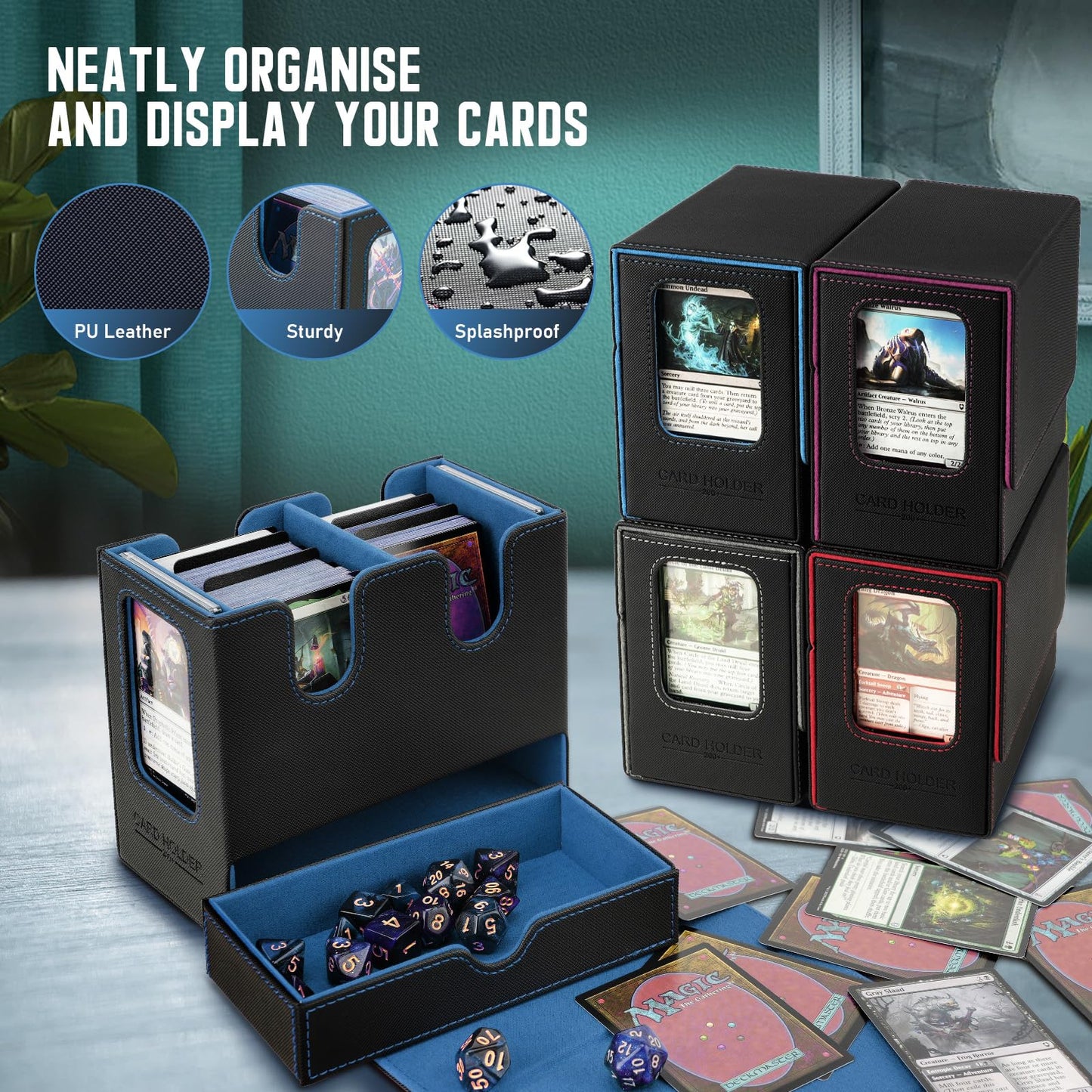TiMOVO MTG Deck Box: 400+ Cards, Commander Display, Dice Tray, Leather Magnetic Case (Black/Blue)