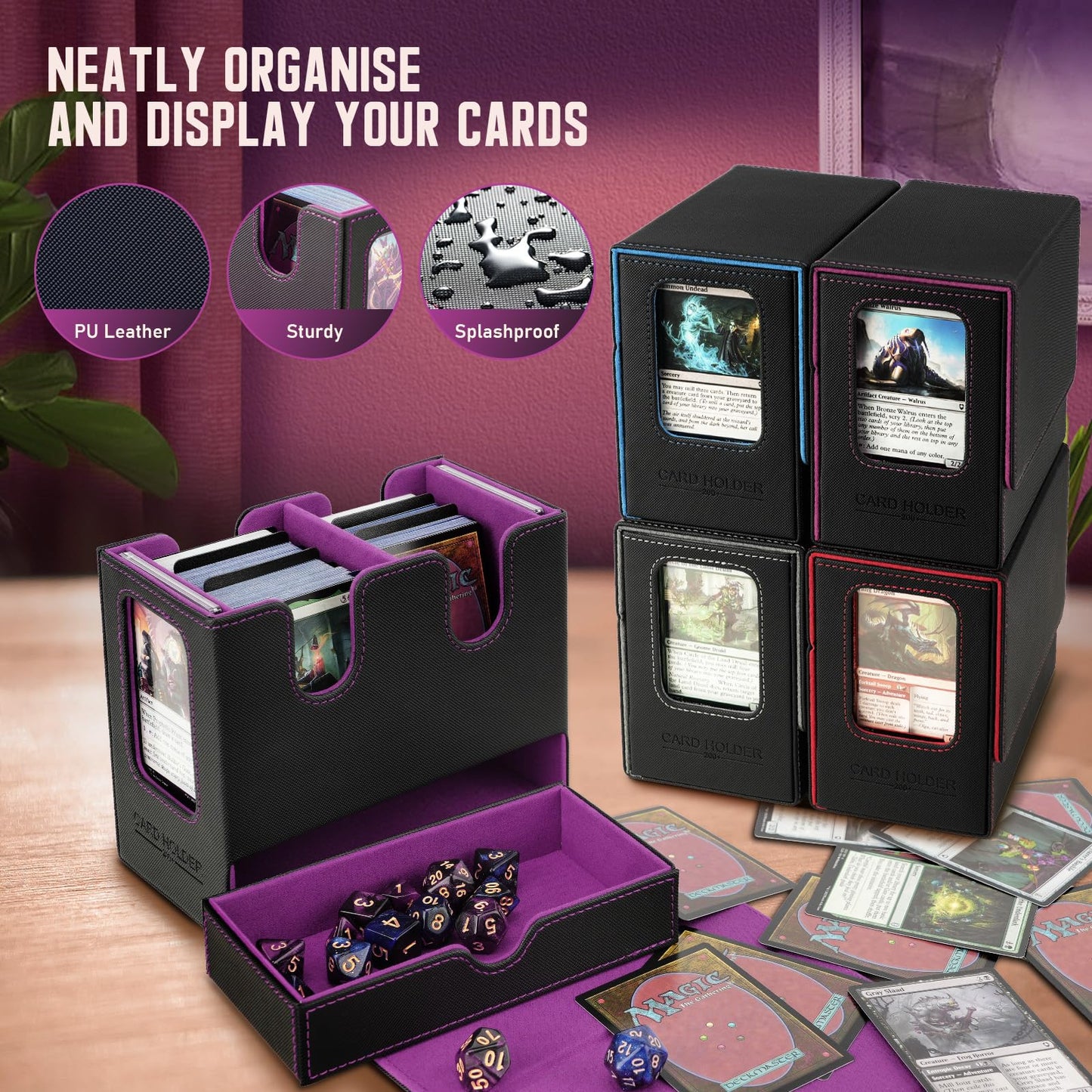 TiMOVO MTG Deck Box – Leather Magnetic Commander Display, 400+ Cards, Dice Tray, Black & Purple