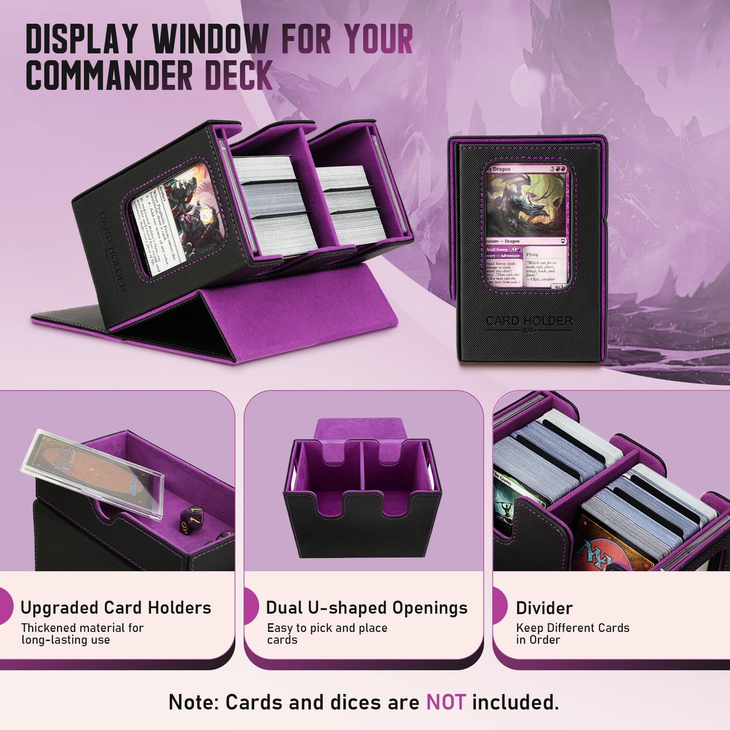 TiMOVO MTG Deck Box – Leather Magnetic Commander Display, 400+ Cards, Dice Tray, Black & Purple
