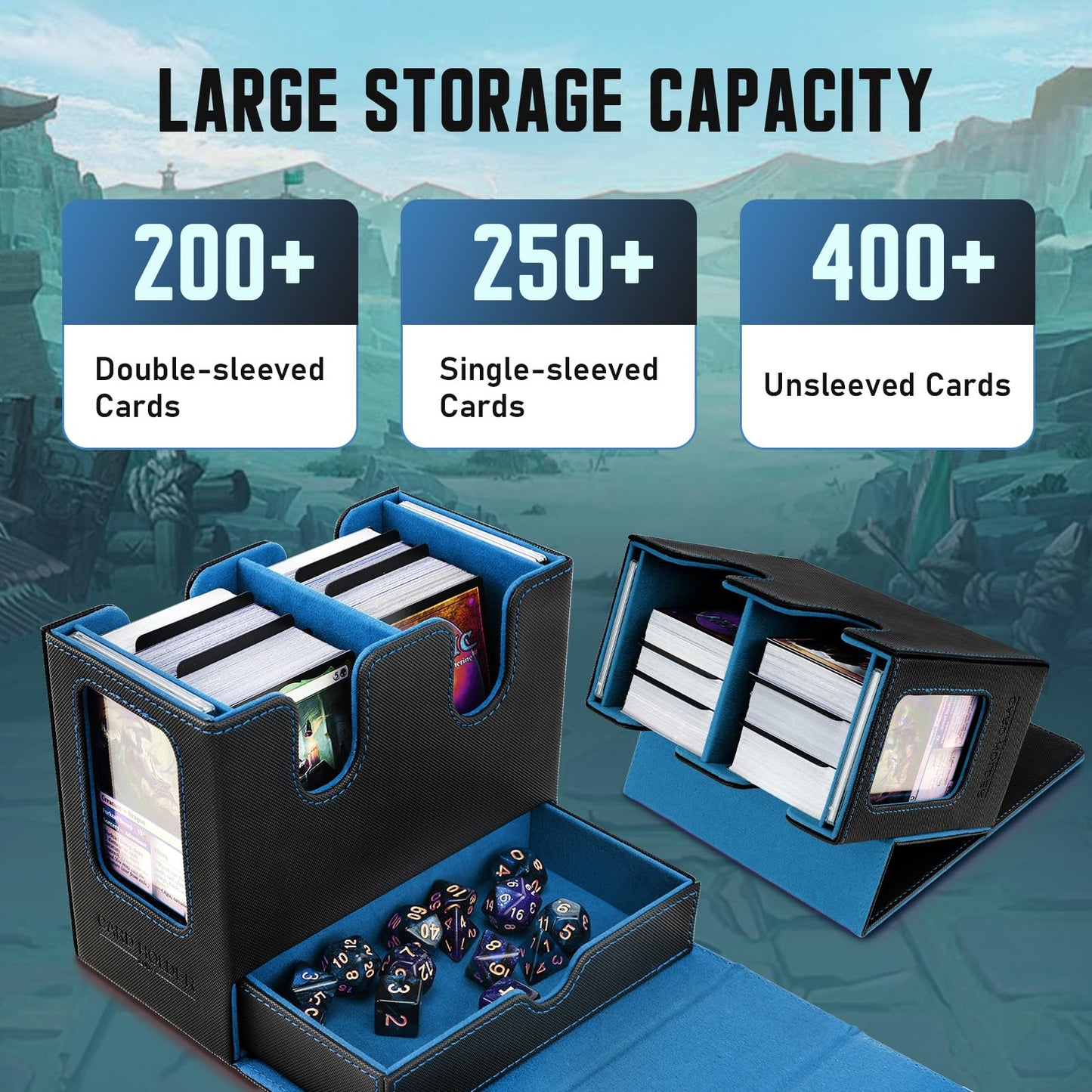 TiMOVO MTG Deck Box: 400+ Cards, Commander Display, Dice Tray, Leather Magnetic Case (Black/Blue)