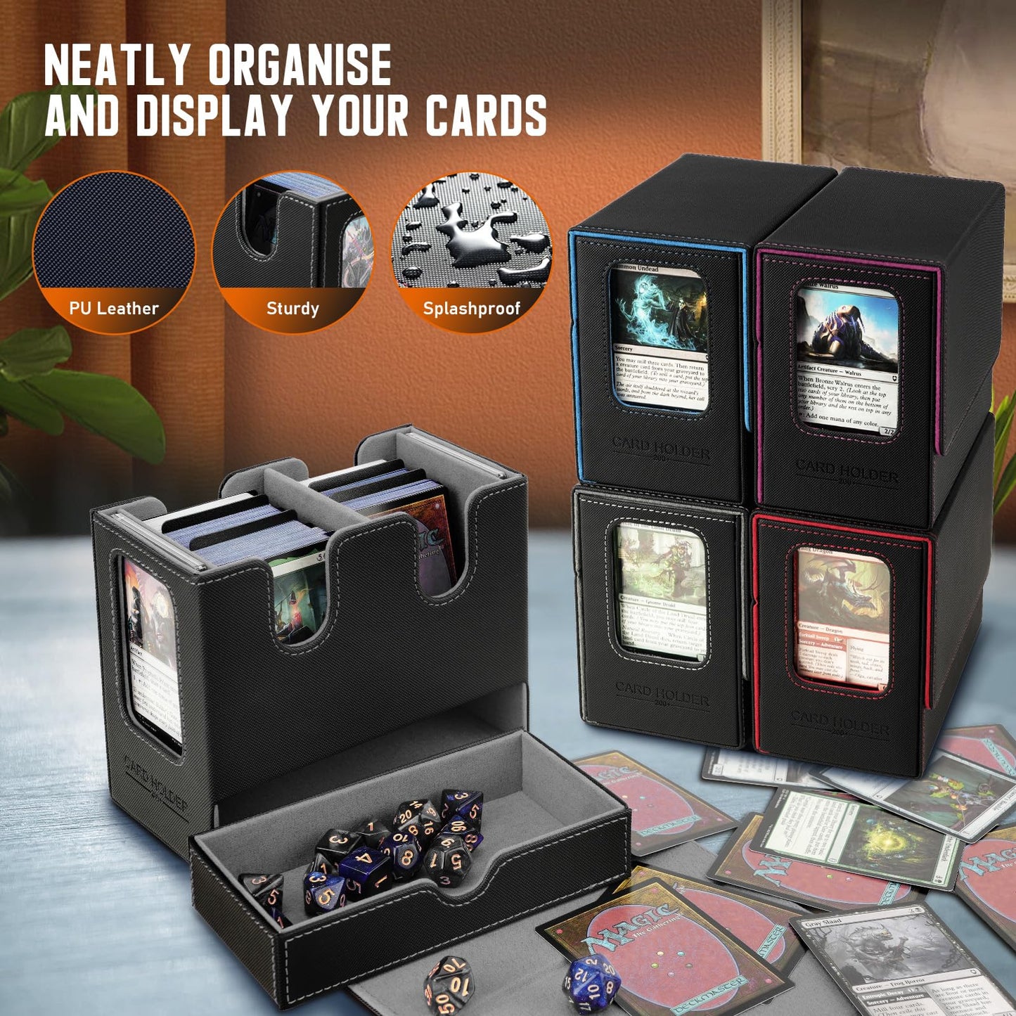 TiMOVO MTG Deck Box - Leather Magnetic Closure, Commander Display & Dice Tray