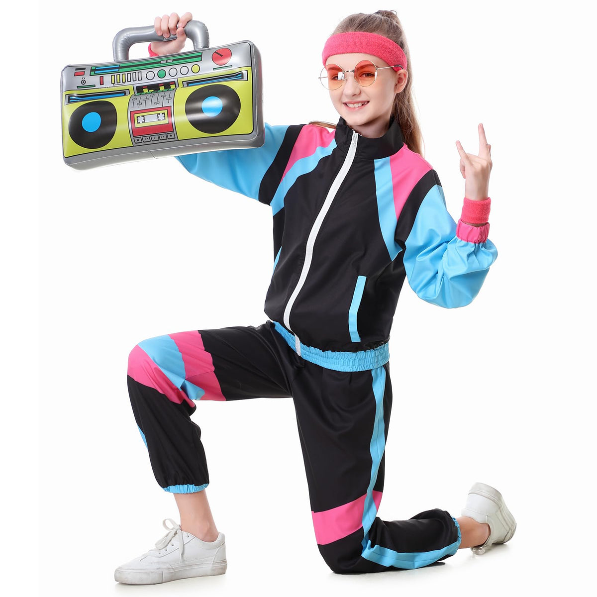 TIMSOPHIA 80s Tracksuit for Kids - 6-Piece 90s Hip Hop Costume, Black, 9-10 Years