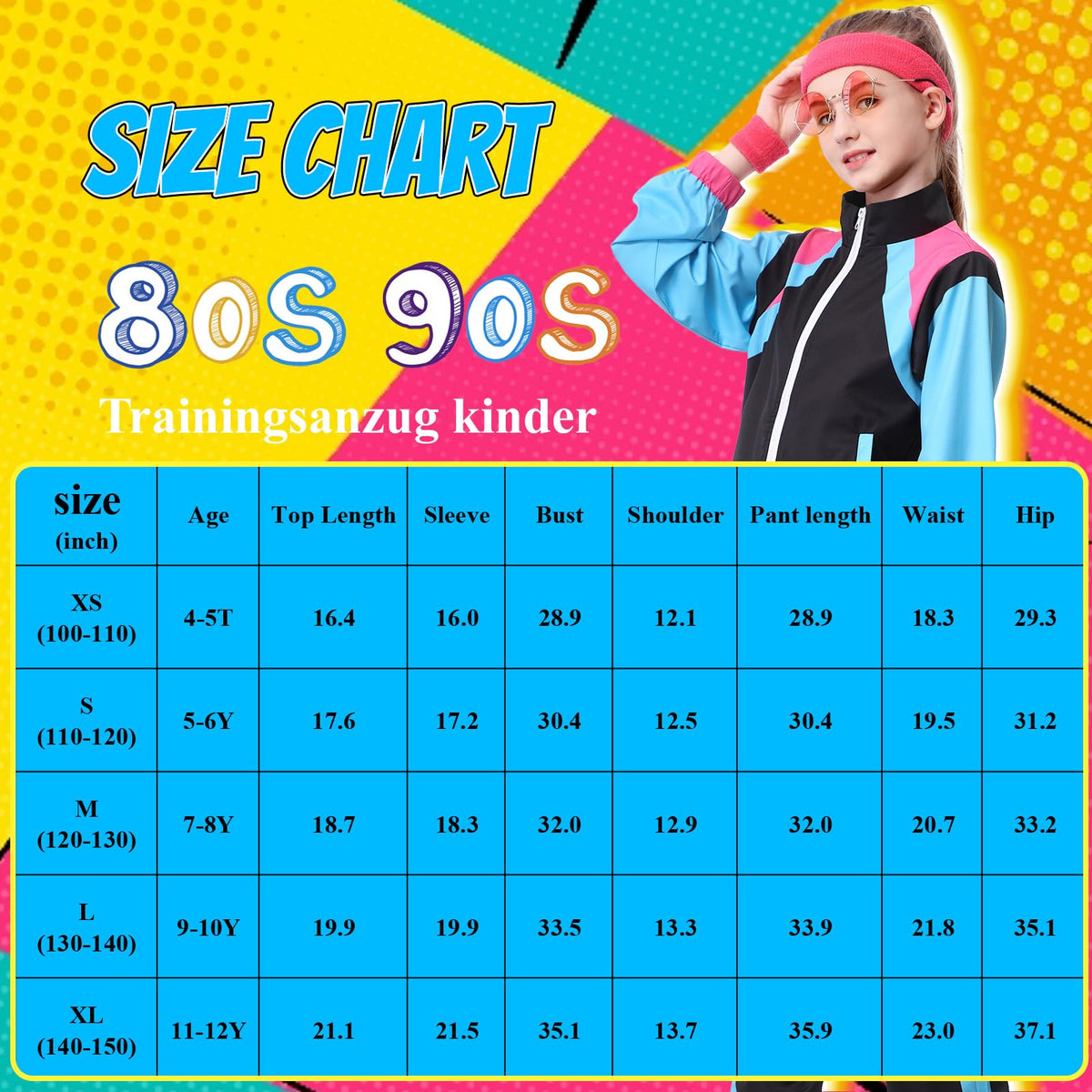 TIMSOPHIA 80s Tracksuit for Kids - 6-Piece 90s Hip Hop Costume, Black, 9-10 Years