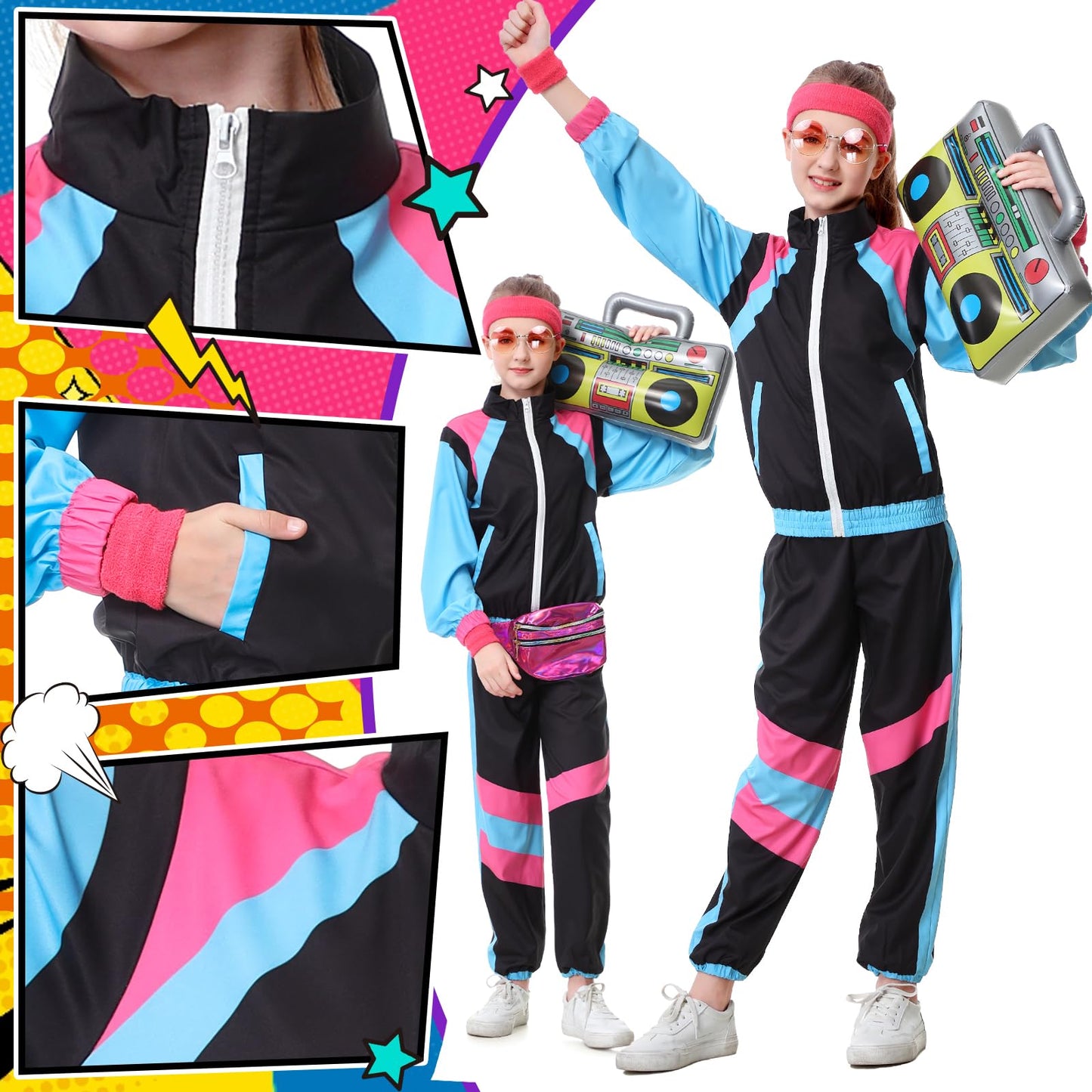 TIMSOPHIA 80s Tracksuit for Kids - 6-Piece 90s Hip Hop Costume, Black, 9-10 Years