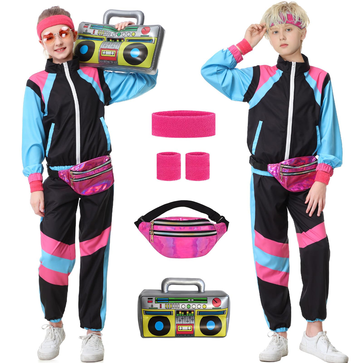 TIMSOPHIA 80s Tracksuit for Kids - 6-Piece 90s Hip Hop Costume, Black, 9-10 Years