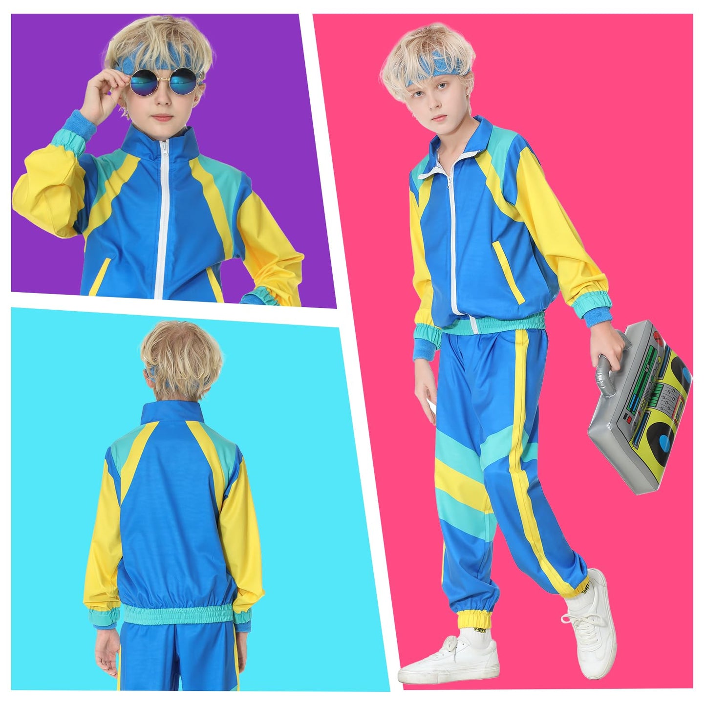 TIMSOPHIA 80s Tracksuit for Kids – 90s Colorblock Jacket Set (Blue, 9–10 years)