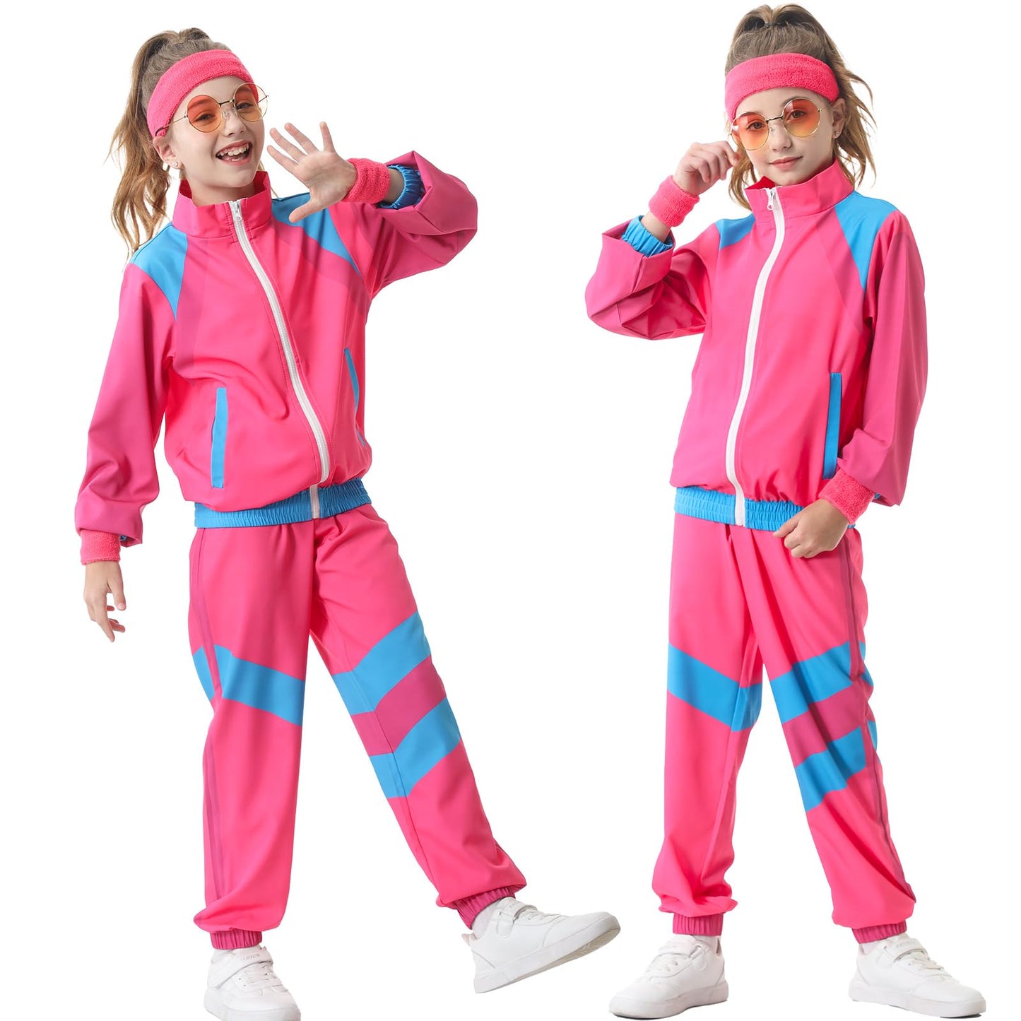 TIMSOPHIA 80s Tracksuit for Kids – 6-Piece Hip Hop Costume (Pink, 7-8 Years)