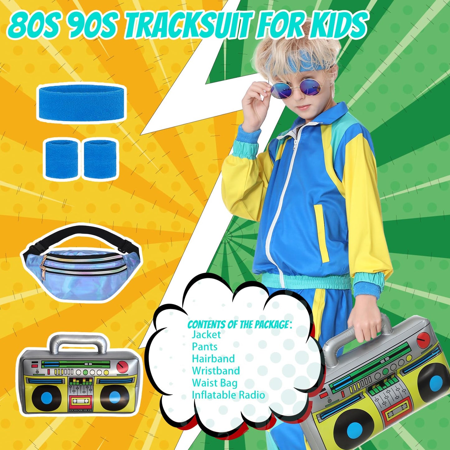 TIMSOPHIA 80s Tracksuit for Kids – 90s Colorblock Jacket Set (Blue, 9–10 years)