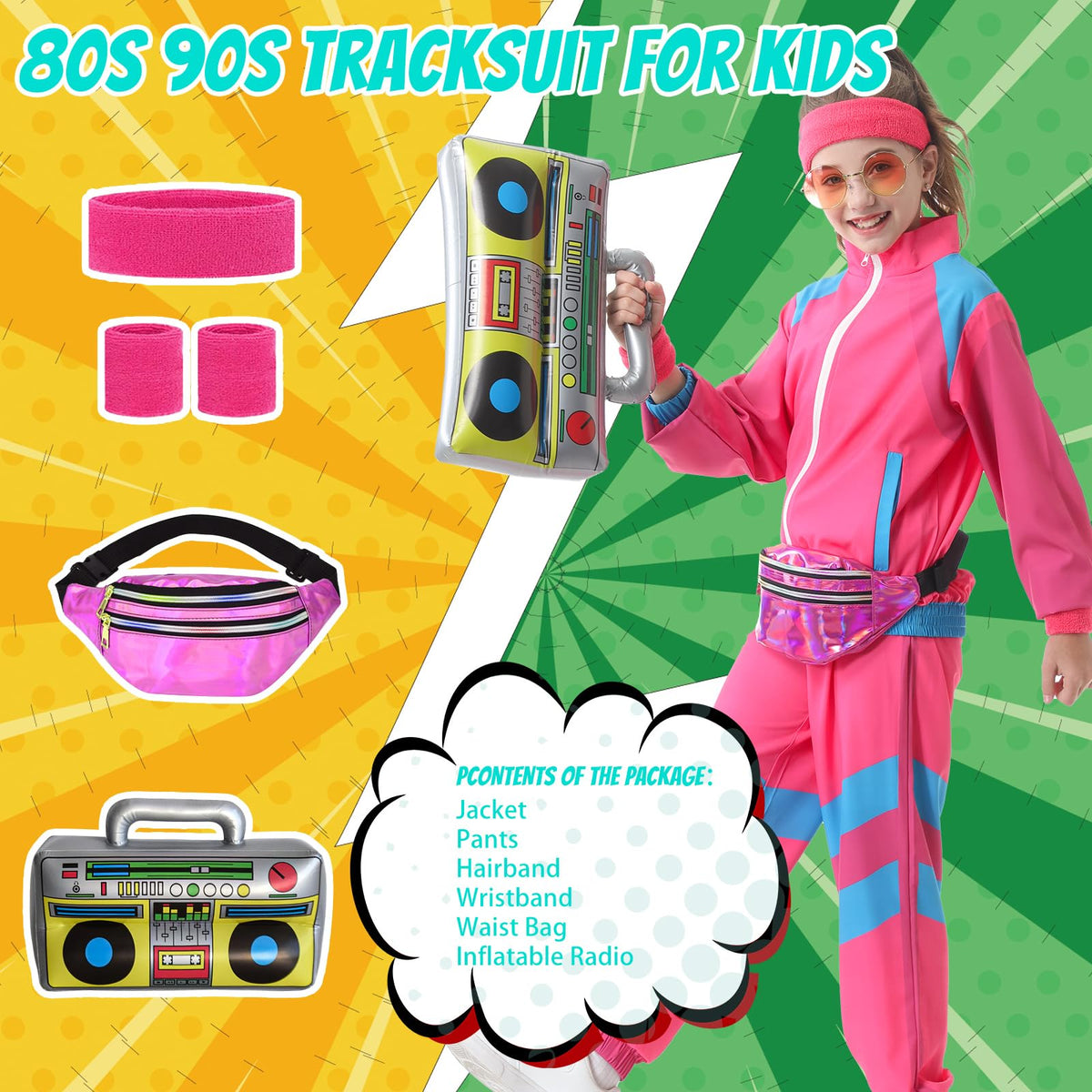 TIMSOPHIA 80s Tracksuit for Kids – 6-Piece Hip Hop Costume (Pink, 7-8 Years)