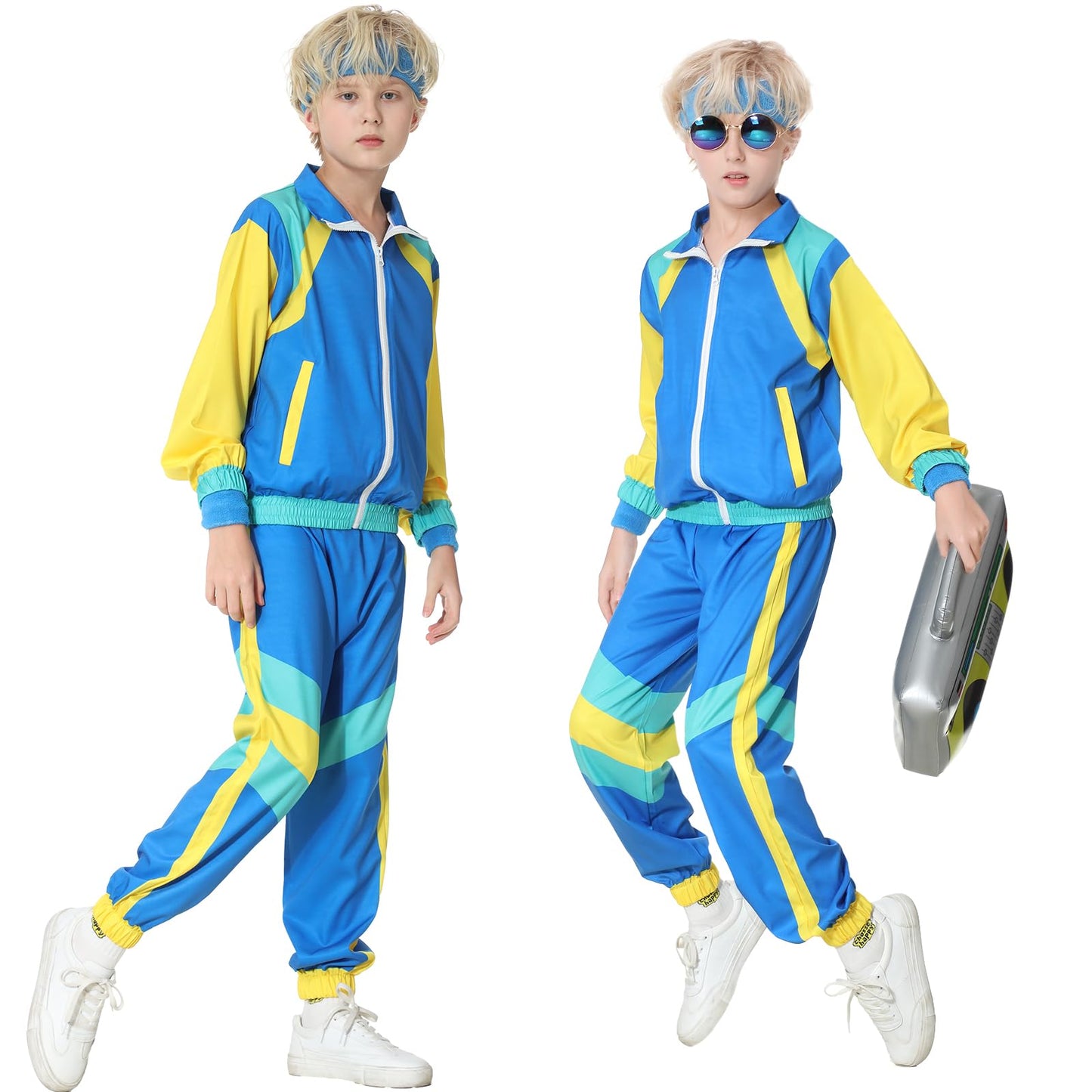 TIMSOPHIA 80s Tracksuit for Kids – 90s Colorblock Jacket Set (Blue, 9–10 years)