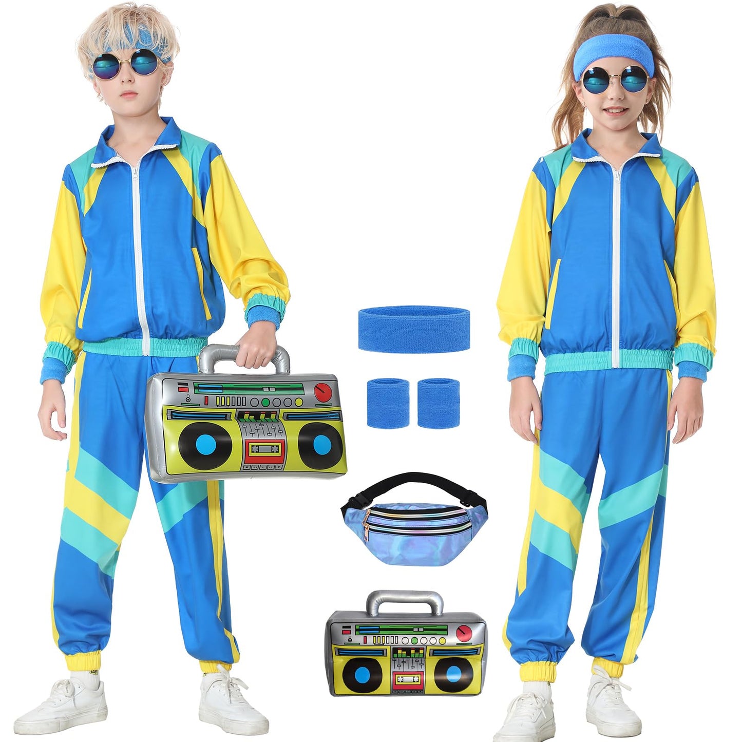 TIMSOPHIA 80s Tracksuit for Kids – 90s Colorblock Jacket Set (Blue, 9–10 years)