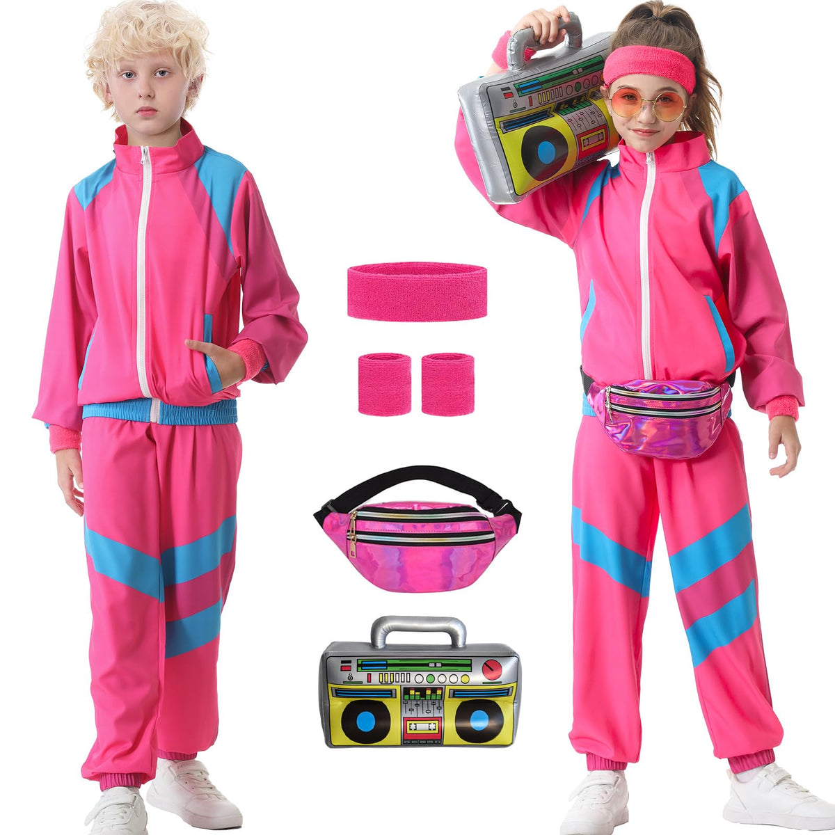 TIMSOPHIA 80s Tracksuit for Kids – 6-Piece Hip Hop Costume (Pink, 7-8 Years)