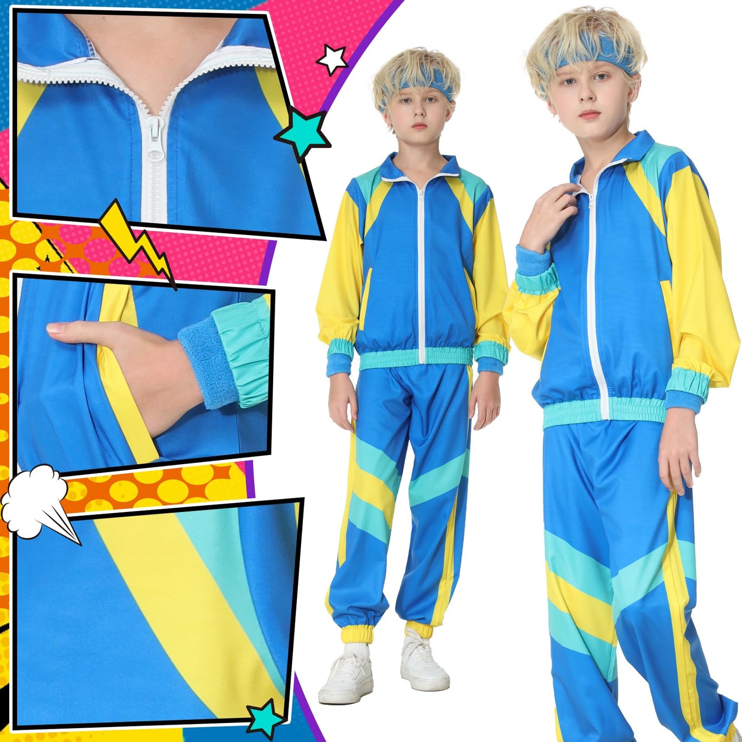 TIMSOPHIA 80s Tracksuit for Kids – 90s Colorblock Jacket Set (Blue, 9–10 years)