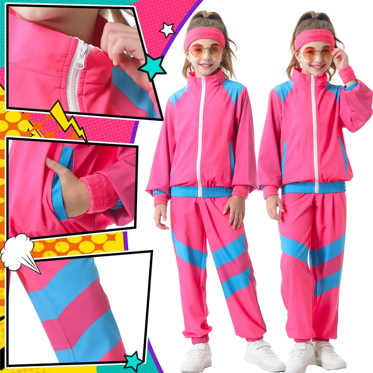 TIMSOPHIA 80s Tracksuit for Kids – 6-Piece Hip Hop Costume (Pink, 7-8 Years)