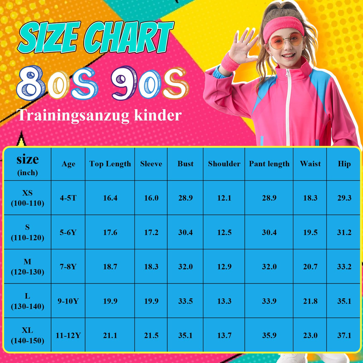 TIMSOPHIA 80s Tracksuit for Kids – 6-Piece Hip Hop Costume (Pink, 7-8 Years)