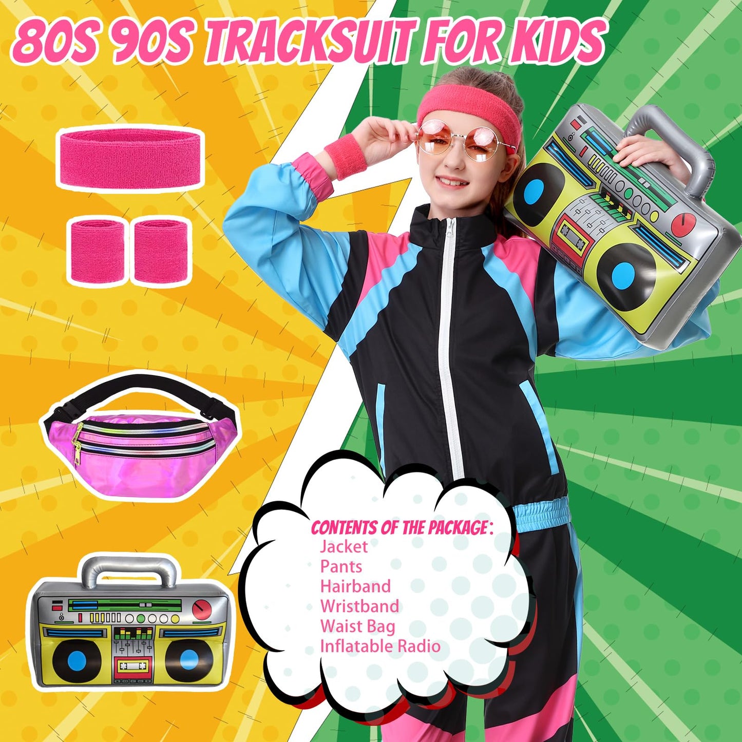 TIMSOPHIA 80s Tracksuit for Kids - 6-Piece 90s Hip Hop Costume, Black, 9-10 Years